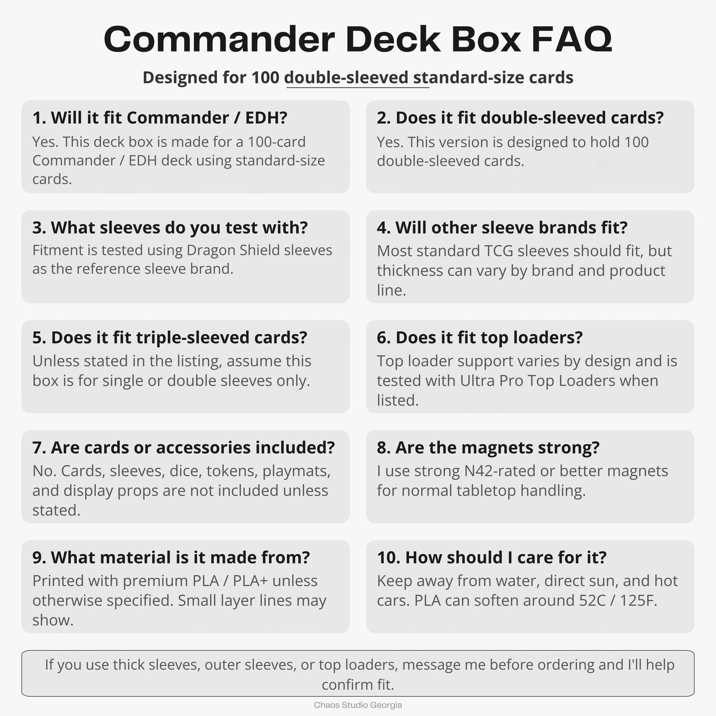 Chaos Studio Georgia FAQ infographic for 3D printed Commander deck boxes, detailing card capacity and material care.