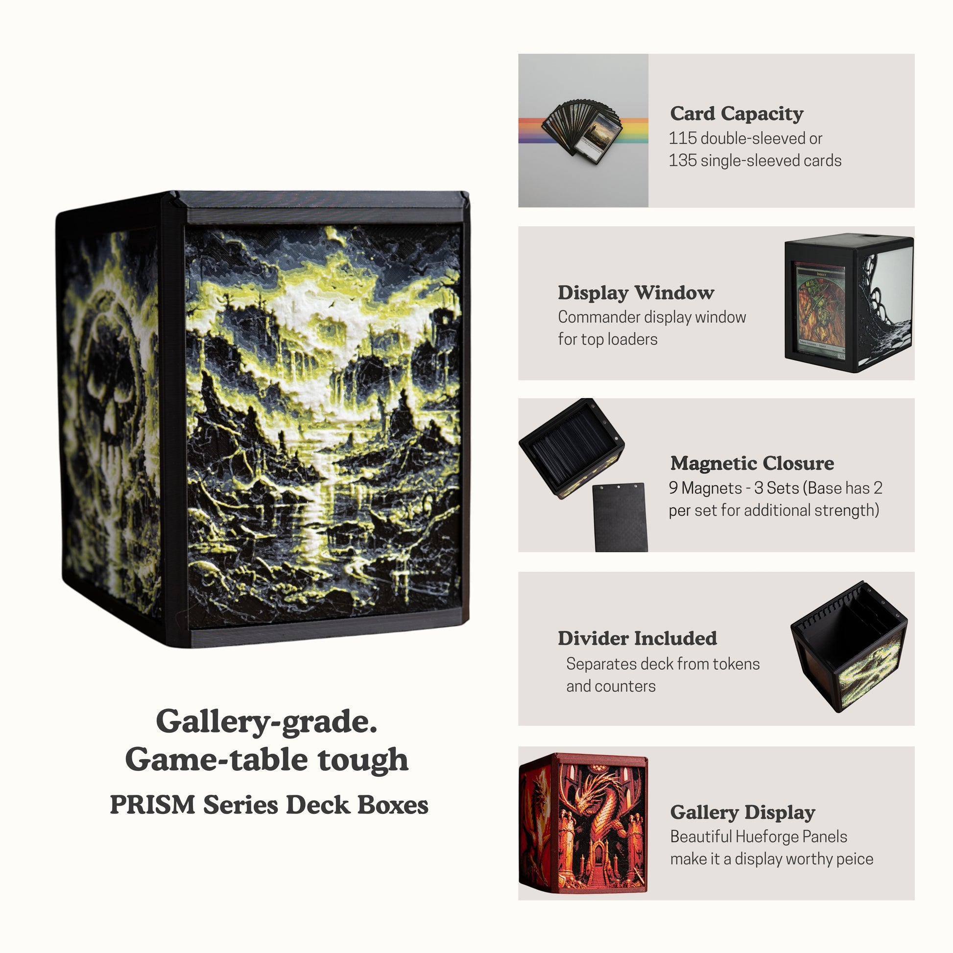 Chaos Studio Georgia 3D printed MTG deck box with Hueforge panels, magnetic closure, and commander display window.