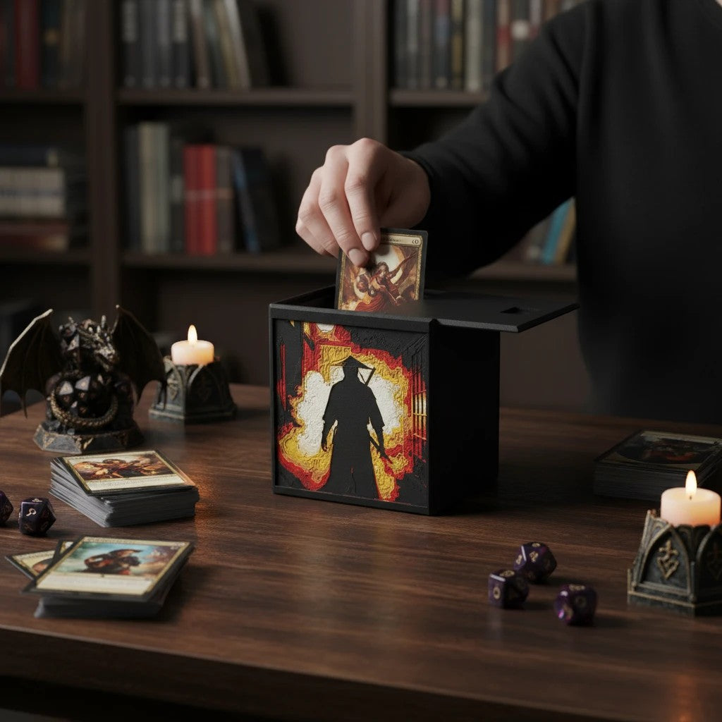 Chaos Studio Georgia 3D printed MTG deck box with shadow warrior Hueforge panel, magnetic closure, and card display.
