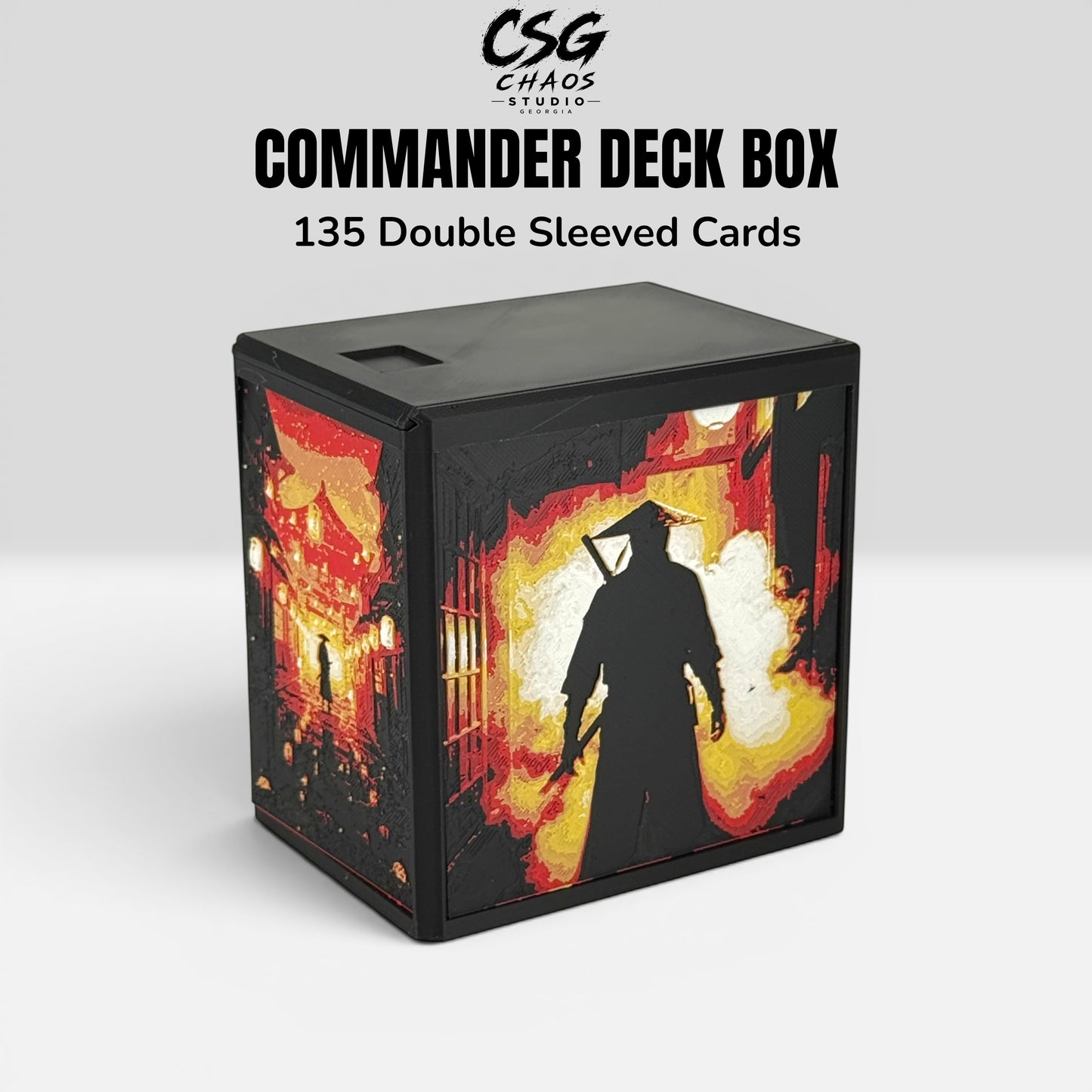 Commander deck box PRISM series angled showing double-sleeved card capacity label in black — Chaos Studio Georgia