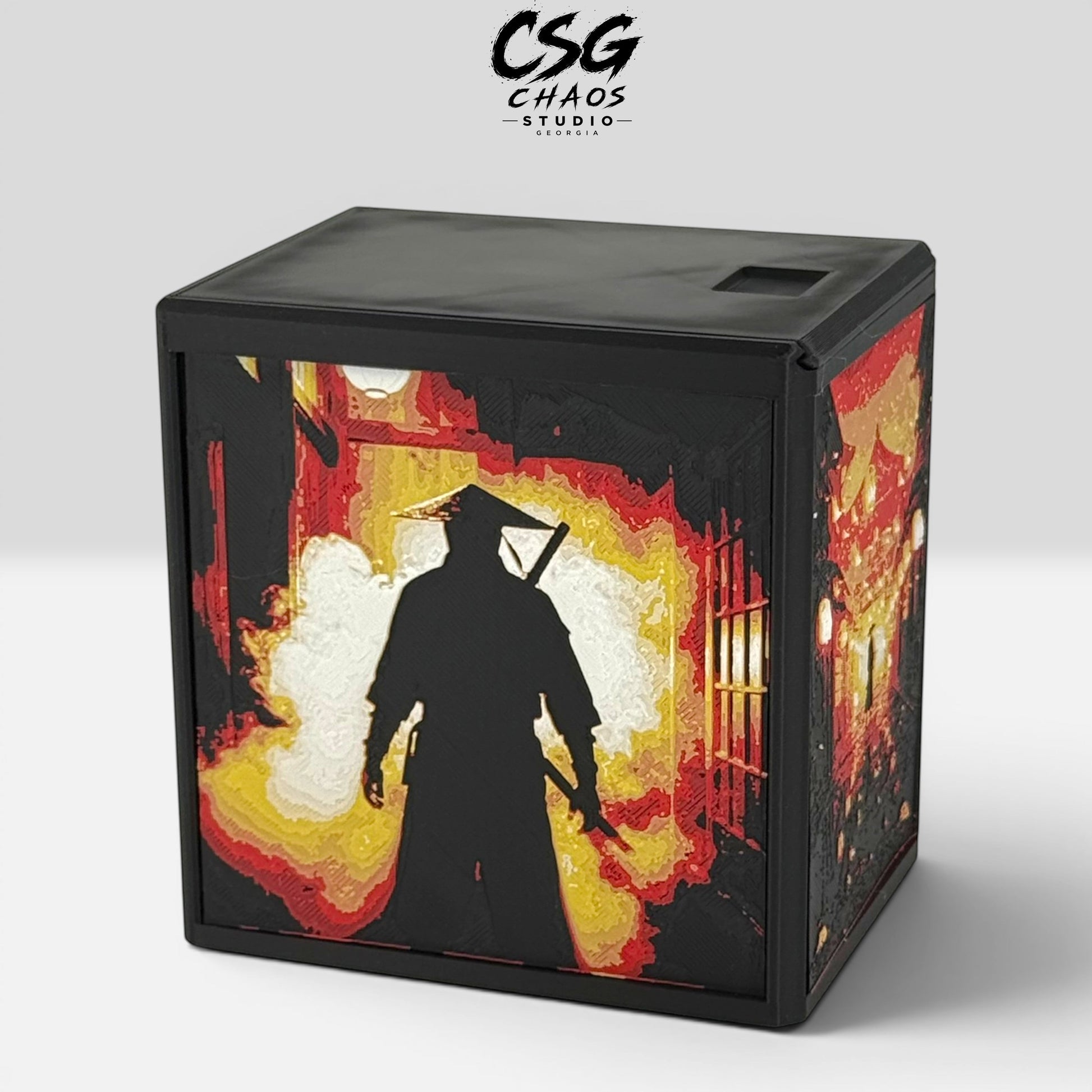 Commander deck box PRISM series angled view dual Hueforge panel artwork front and side — Chaos Studio Georgia
