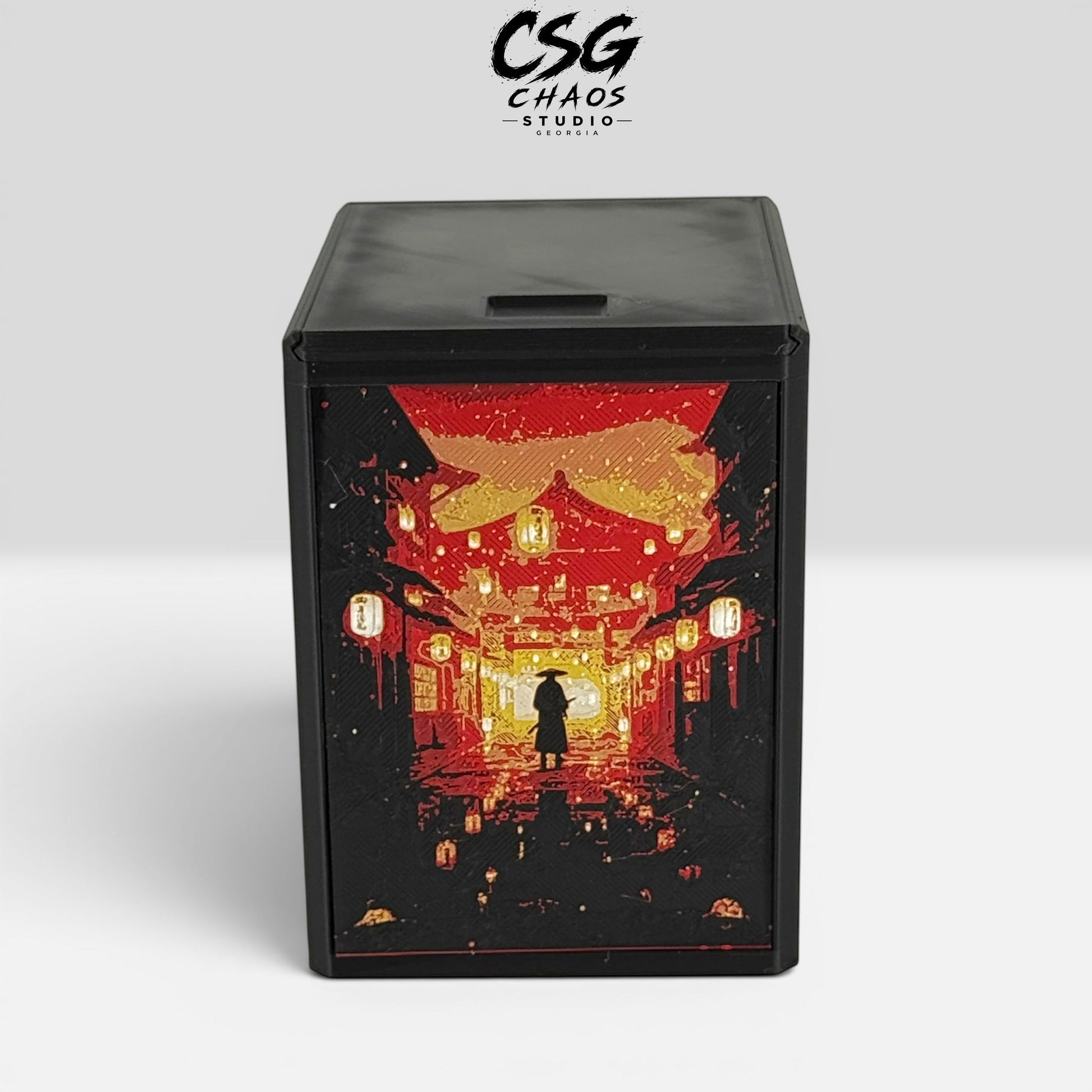Commander deck box PRISM side panel lantern-lit alley Hueforge artwork crimson red and gold — Chaos Studio Georgia