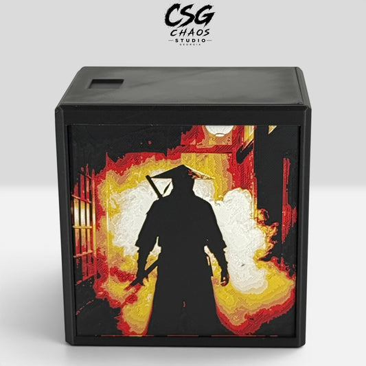 Commander deck box PRISM series shadow warrior fire-smoke front panel in black — Chaos Studio Georgia