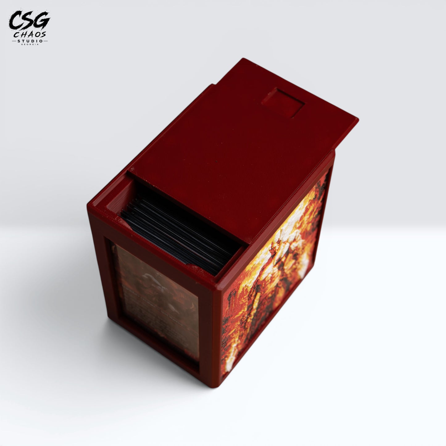 MTG Commander deck box open from the top showing a full double-sleeved card stack inside — Chaos Studio Georgia
