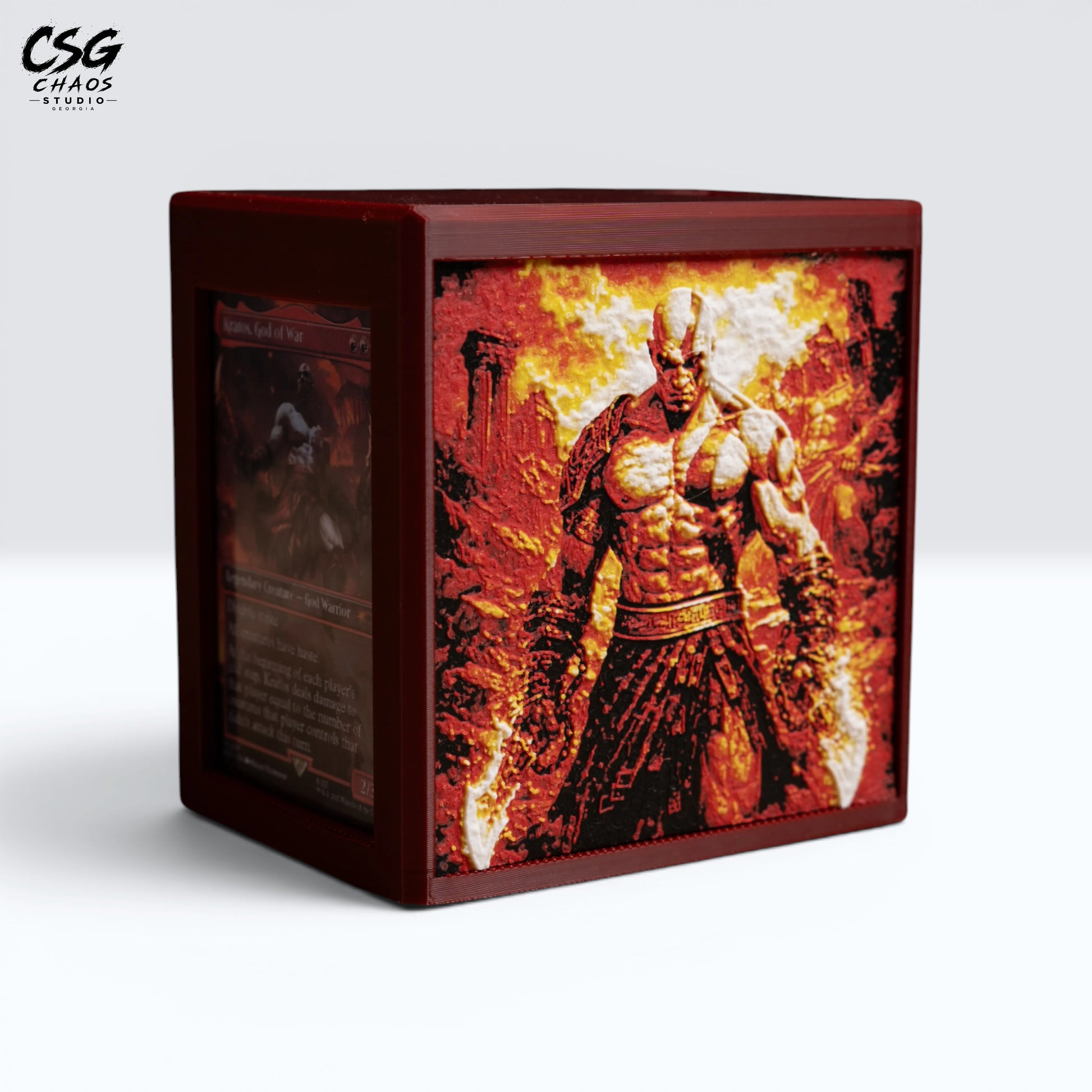 MTG Commander deck box with lid open and a card in the front display window, fiery red panel — Chaos Studio Georgia