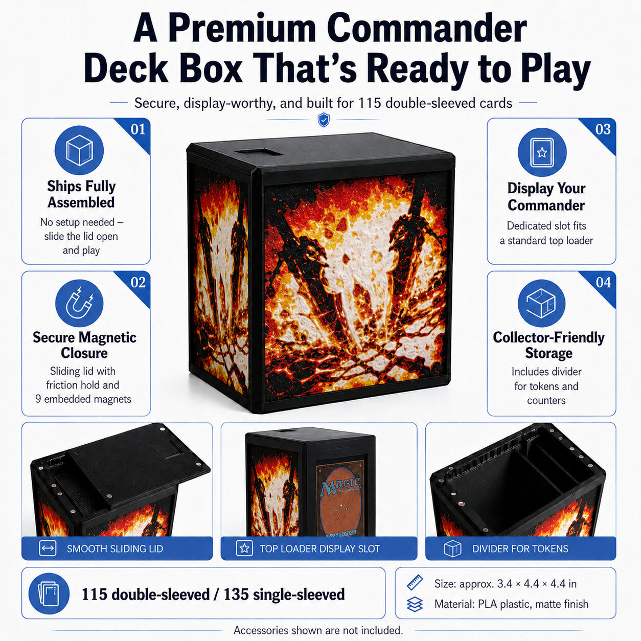 MTG Commander deck box feature graphic — magnetic sliding lid, display window and removable divider — Chaos Studio Georgia