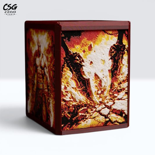 MTG Commander deck box in crimson with a Hueforge fire-forged warrior panel amid flames, front view — Chaos Studio Georgia