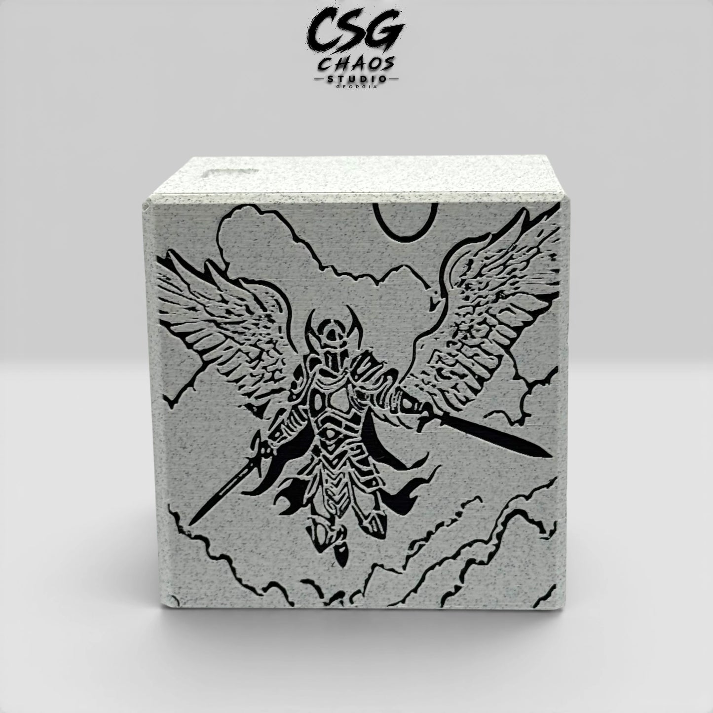 Armored angel celestial warrior artwork on MTG commander deck box PILLAR series — Chaos Studio Georgia
