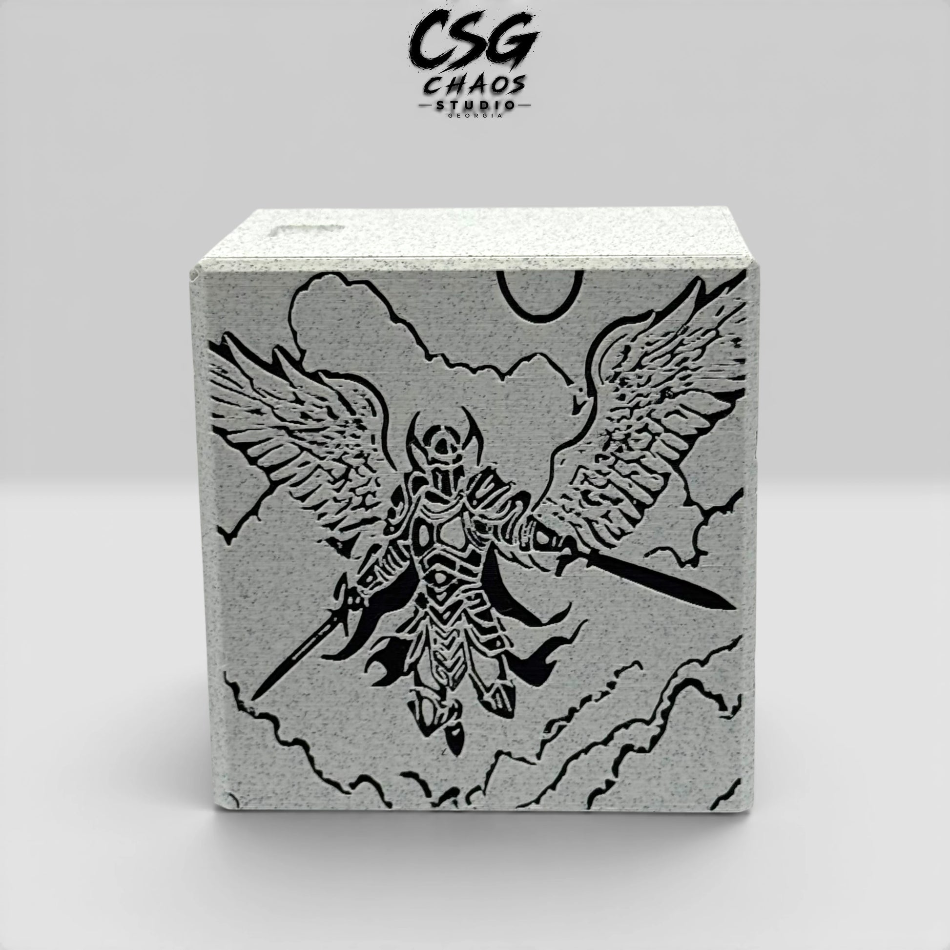 Armored angel celestial warrior artwork on MTG commander deck box PILLAR series — Chaos Studio Georgia