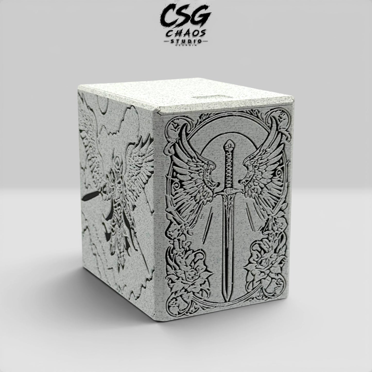 MTG commander deck box armored angel and winged sword artwork — PILLAR series — Chaos Studio Georgia