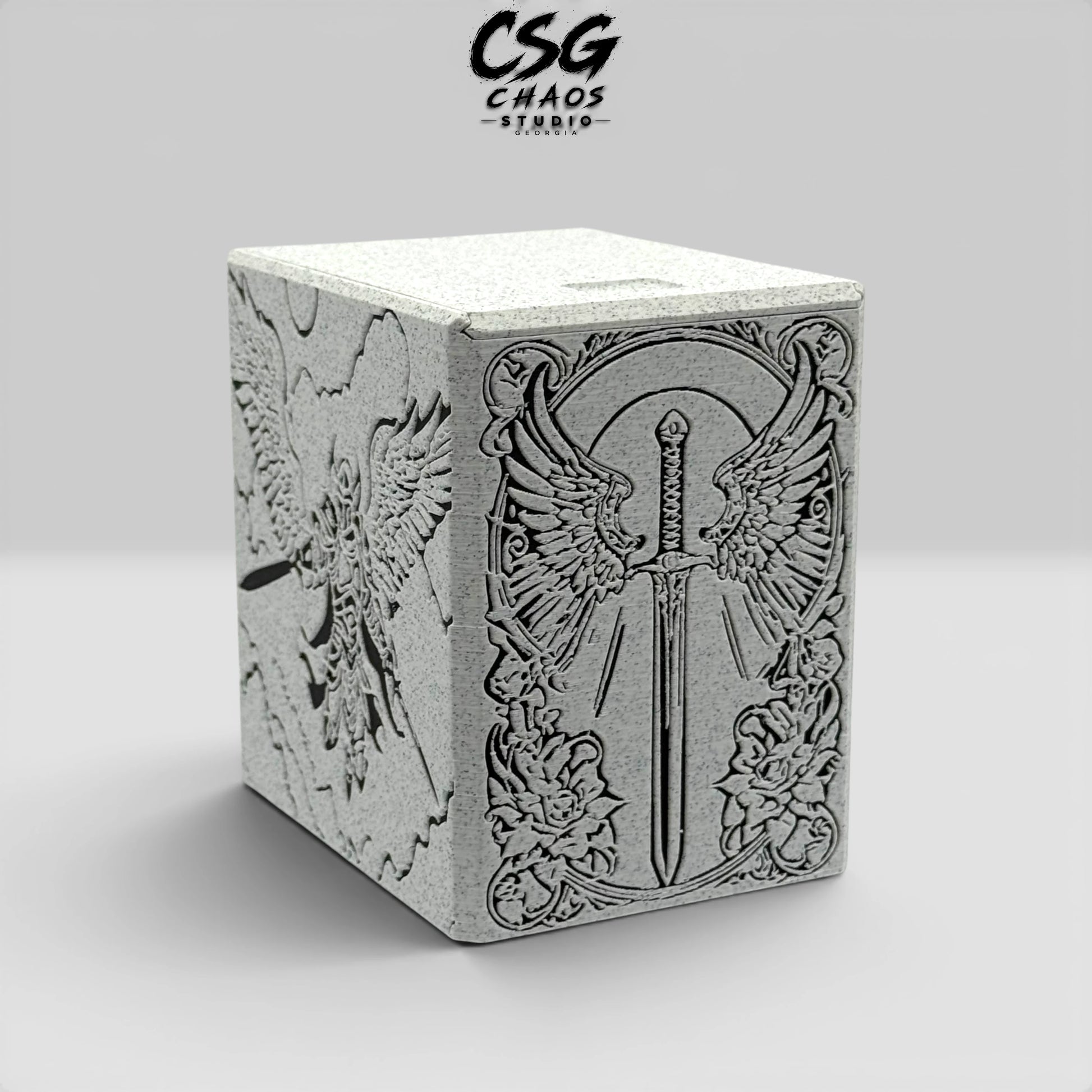 MTG commander deck box armored angel and winged sword artwork — PILLAR series — Chaos Studio Georgia