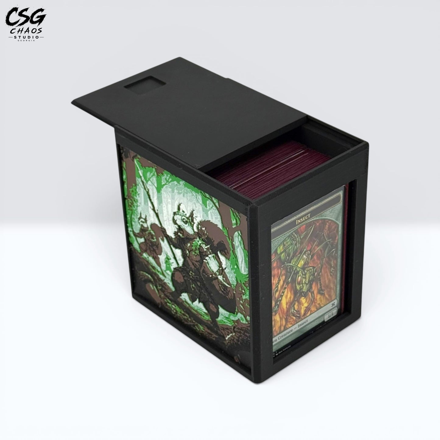 MTG Commander Deck Box lid open revealing a stack of purple-sleeved cards inside — Chaos Studio Georgia