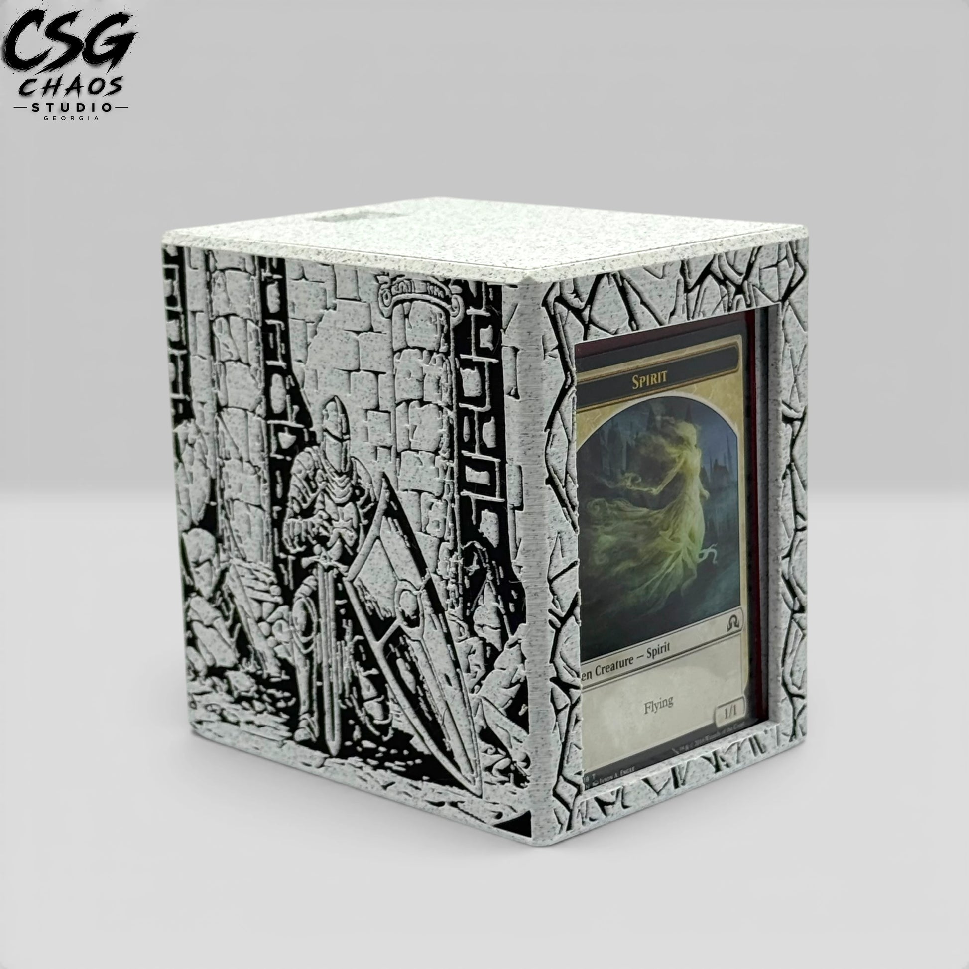 Commander display window on MTG commander deck box PILLAR armored knight — Spirit card in top loader — Chaos Studio Georgia