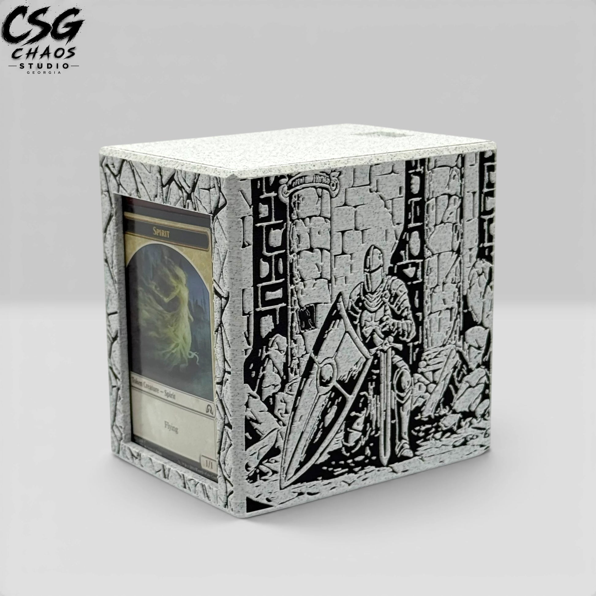 Commander display window on MTG commander deck box PILLAR armored knight — alternate angle — Chaos Studio Georgia