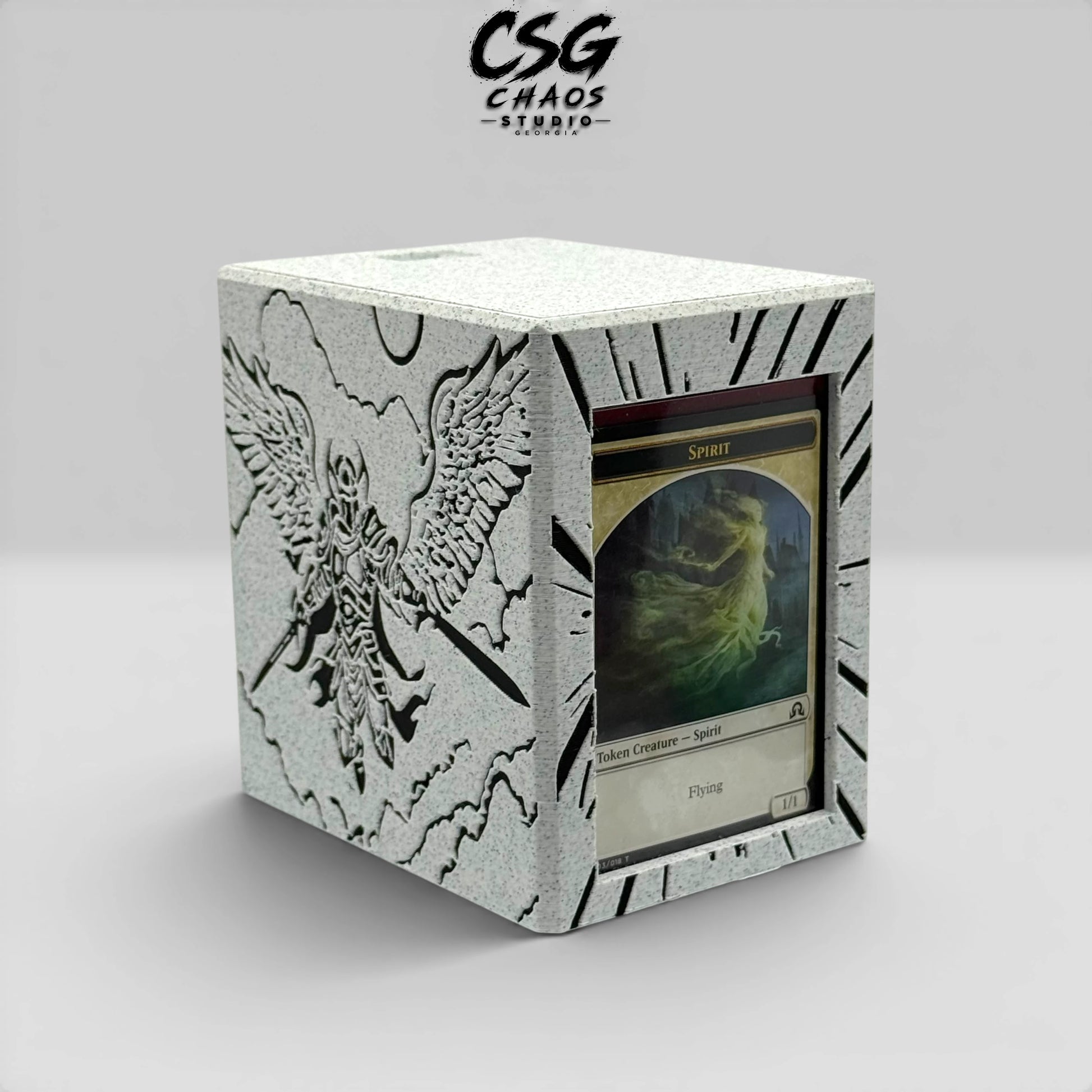 MTG commander deck box PILLAR series commander display window side angle — Chaos Studio Georgia