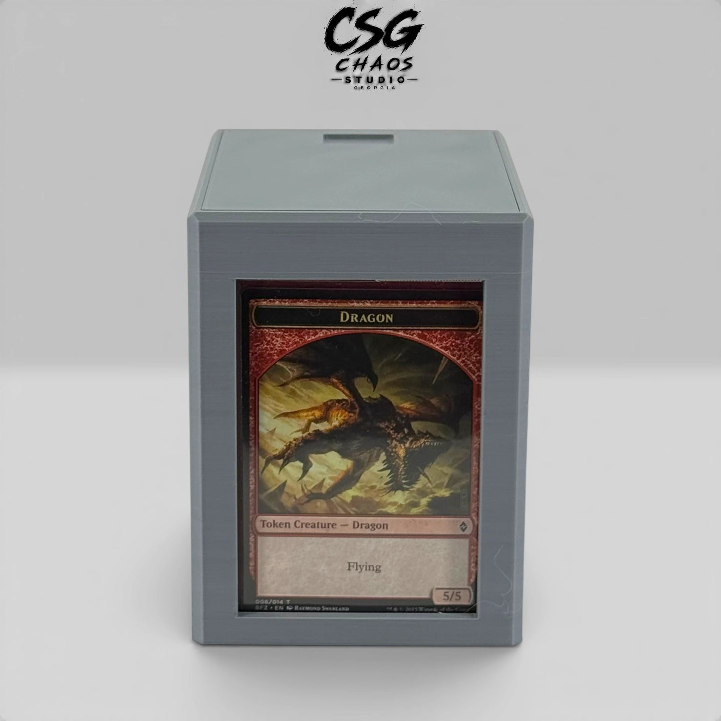 Commander display window on MTG commander deck box PILLAR Mountain Giant with Dragon token card — Chaos Studio Georgia