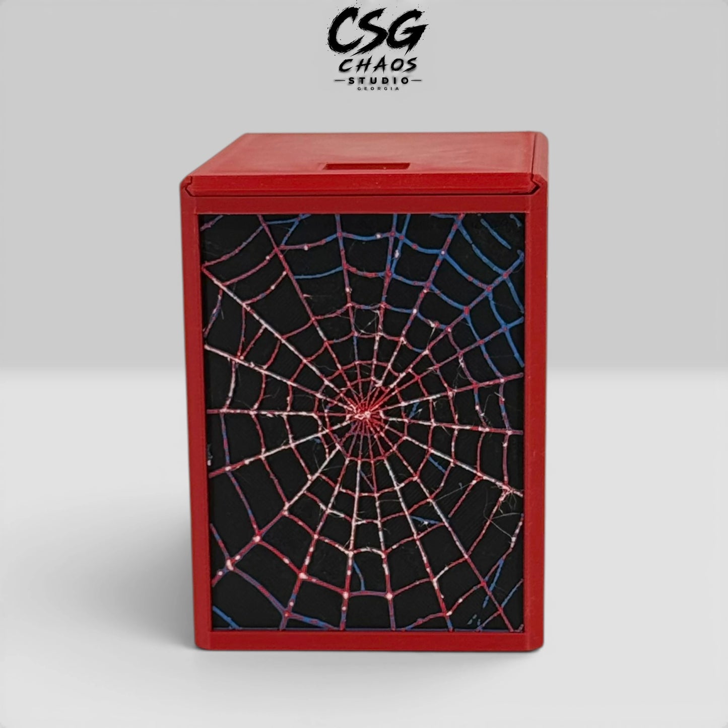 Commander display window on MTG commander deck box PRISM Spider Web with standard top loader — Chaos Studio Georgia