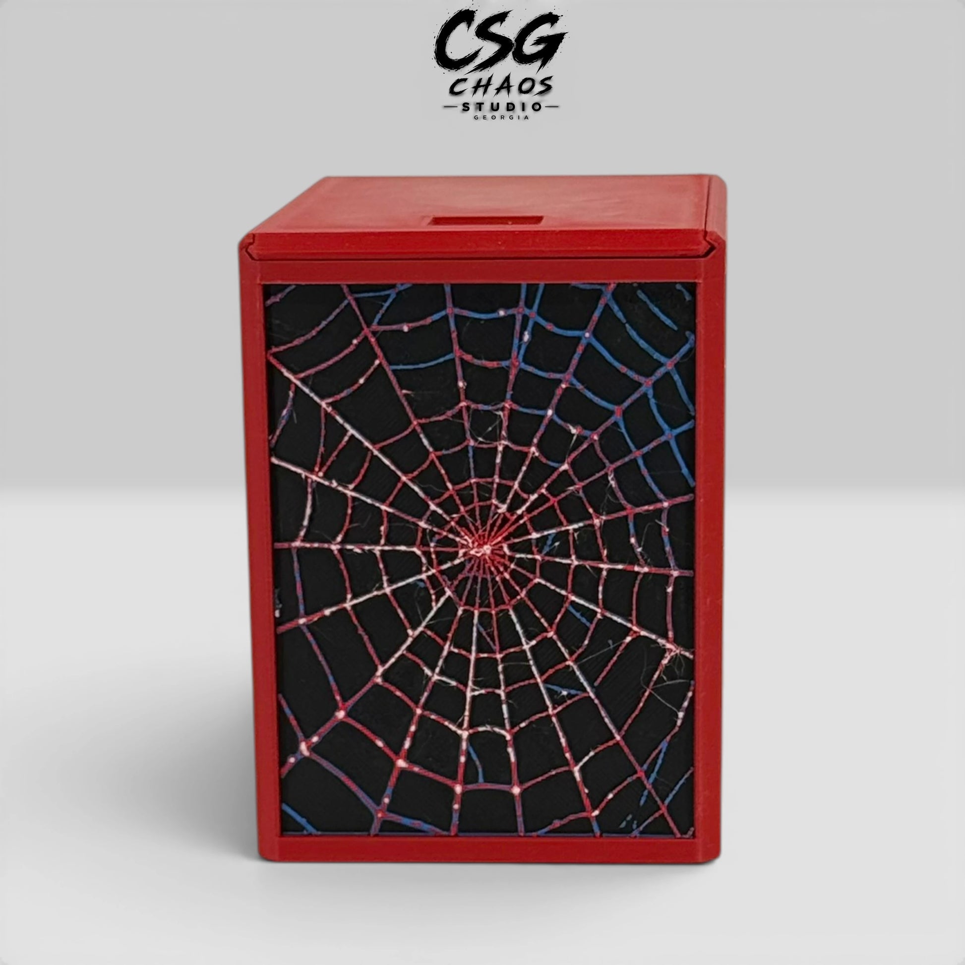 Commander display window on MTG commander deck box PRISM Spider Web with standard top loader — Chaos Studio Georgia