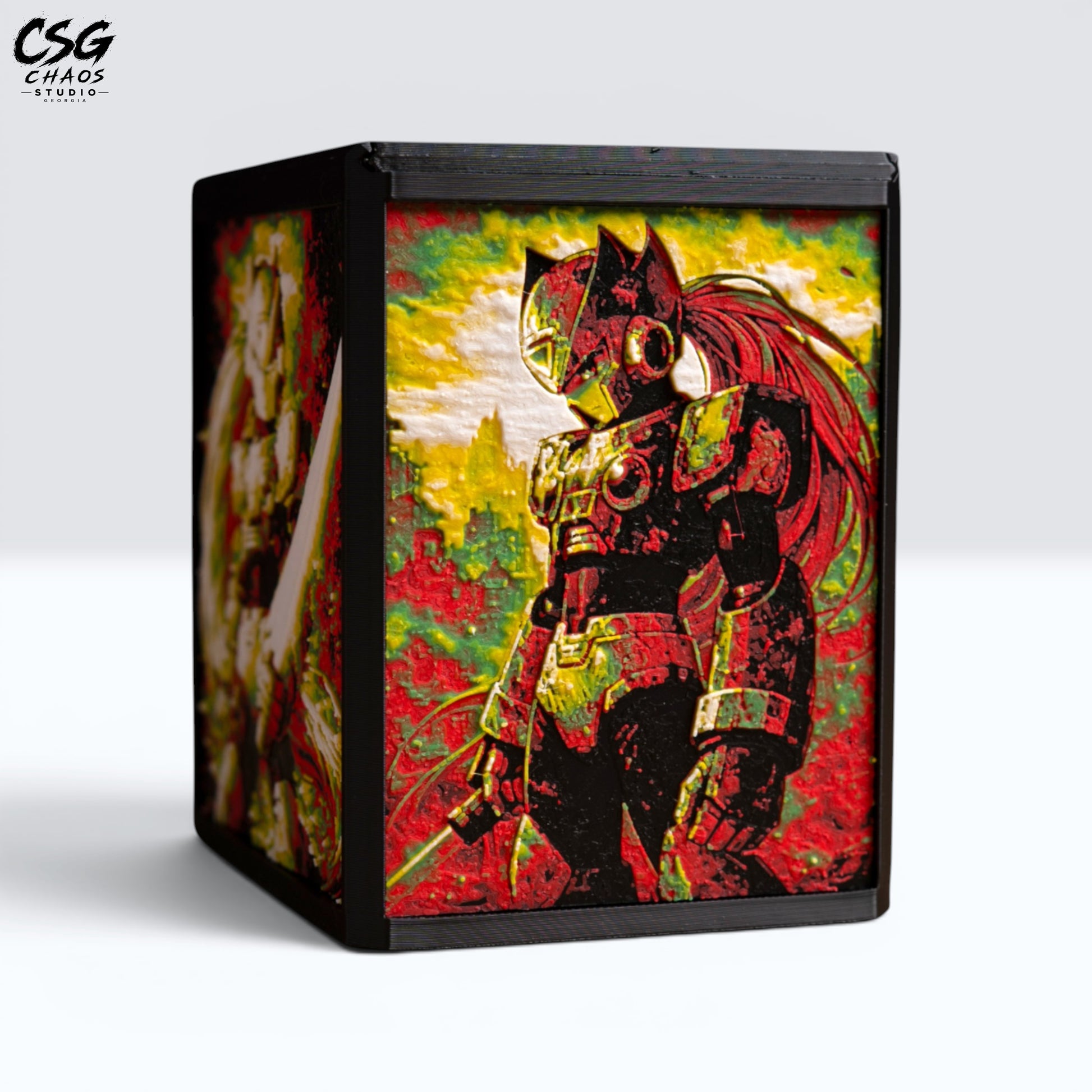 MTG Commander Deck Box PRISM Series, corner angle with red and yellow cyber warrior panel art — Chaos Studio Georgia