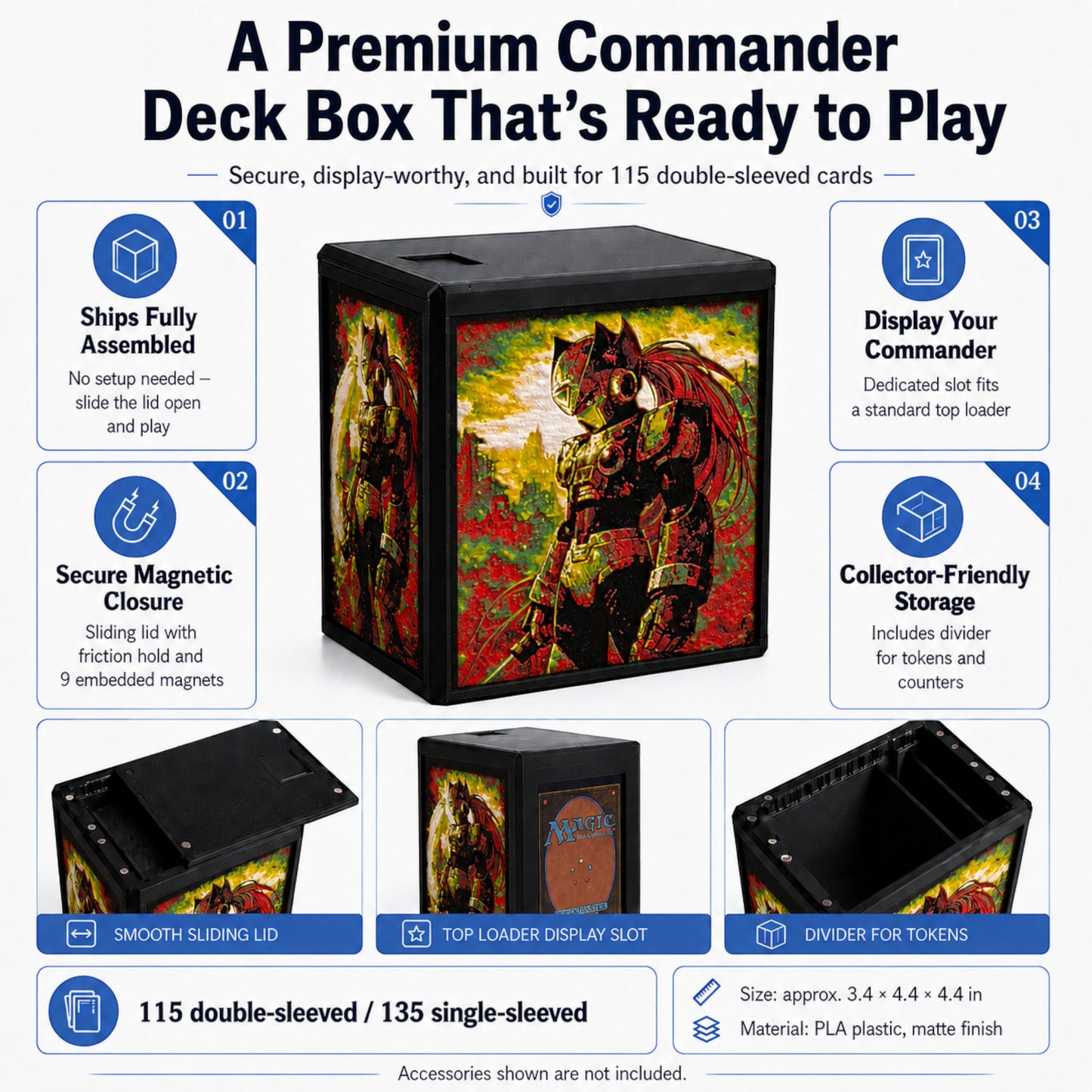 MTG Commander Deck Box PRISM Series, front view with armored cyber warrior panel art on all sides — Chaos Studio Georgia