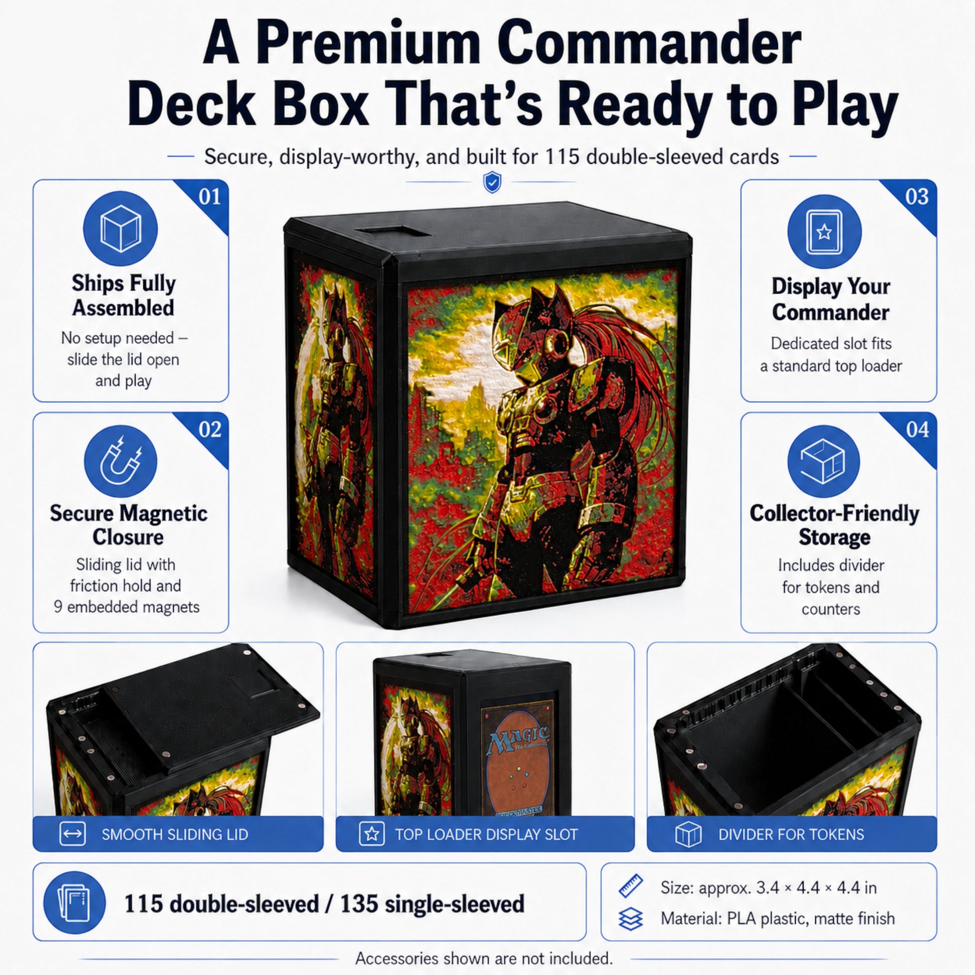 MTG Commander Deck Box PRISM Series, front view with armored cyber warrior panel art on all sides — Chaos Studio Georgia