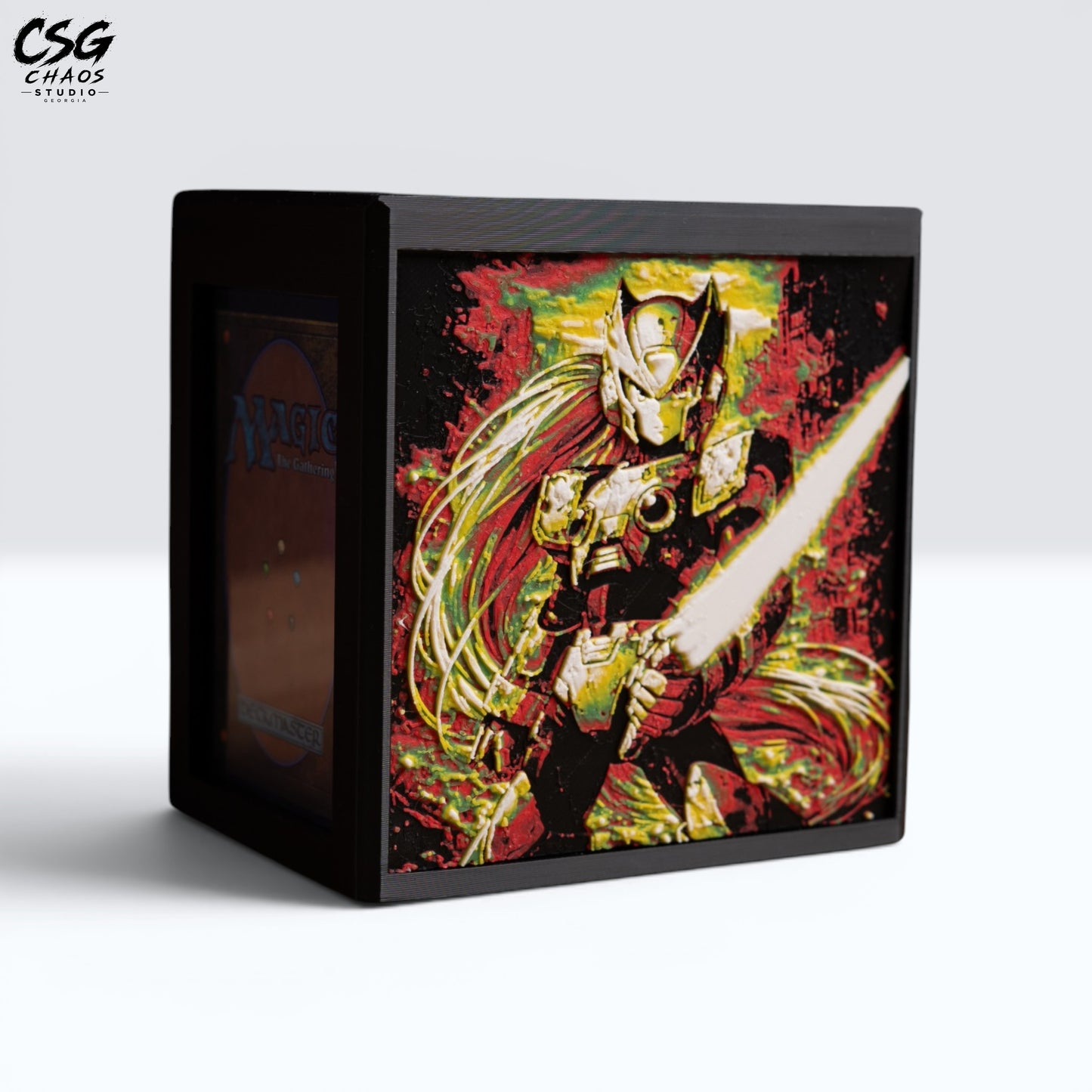 MTG Commander Deck Box PRISM Series, close angle detail of cyber warrior with sword panel art — Chaos Studio Georgia