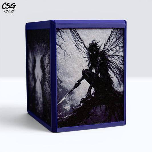 MTG Commander Deck Box PRISM series in deep blue frame with dark faerie wings Hueforge art — Chaos Studio Georgia
