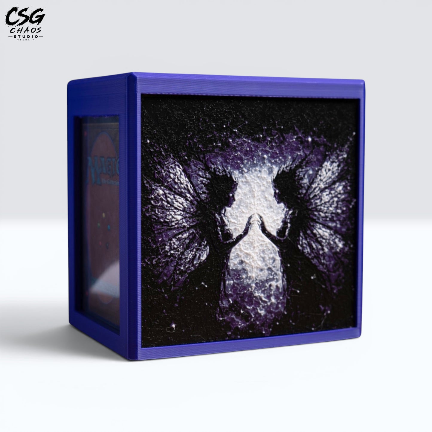 MTG Commander Deck Box front view of dark faerie wings Hueforge panel with card back in display window — Chaos Studio Georgia
