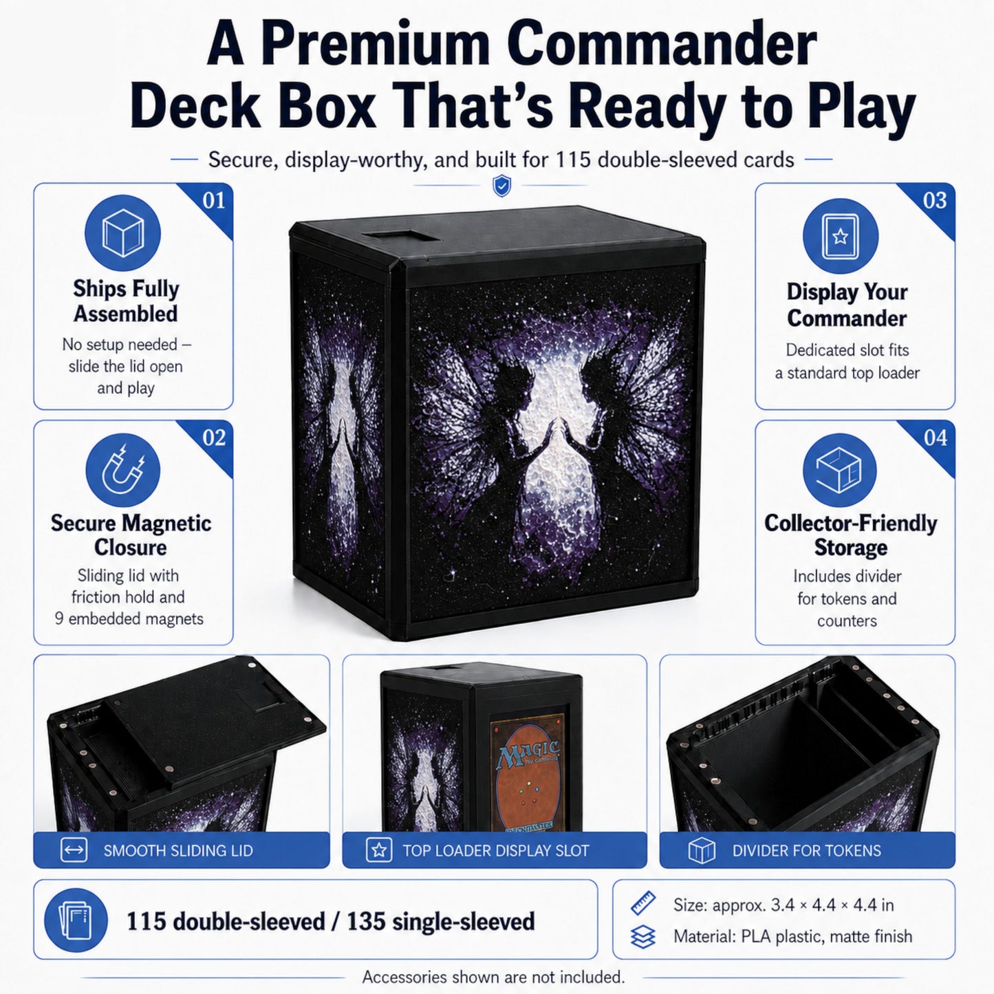MTG Commander Deck Box infographic highlighting magnetic closure, top loader slot, and token divider — Chaos Studio Georgia