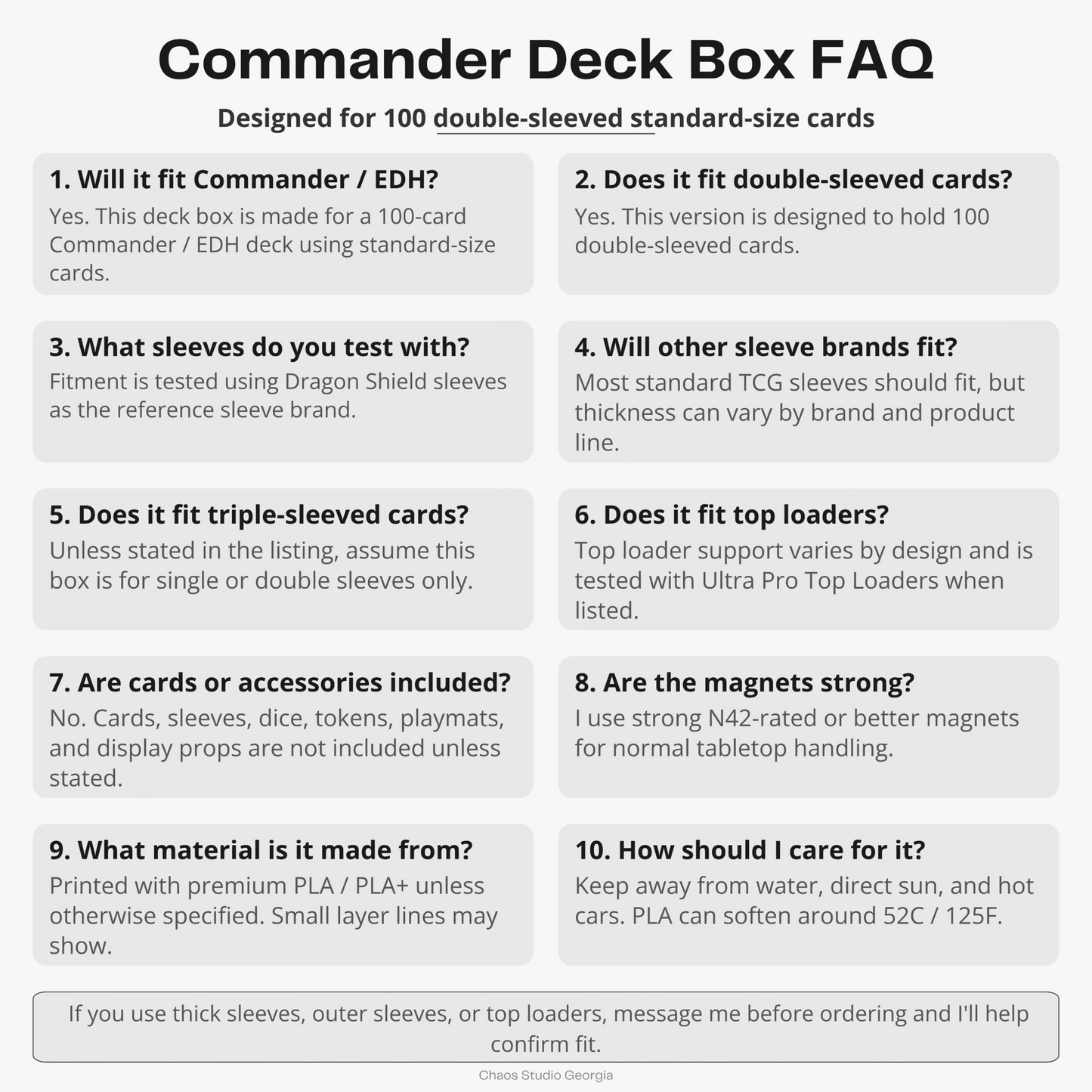 MTG commander deck box frequently asked questions graphic — Chaos Studio Georgia