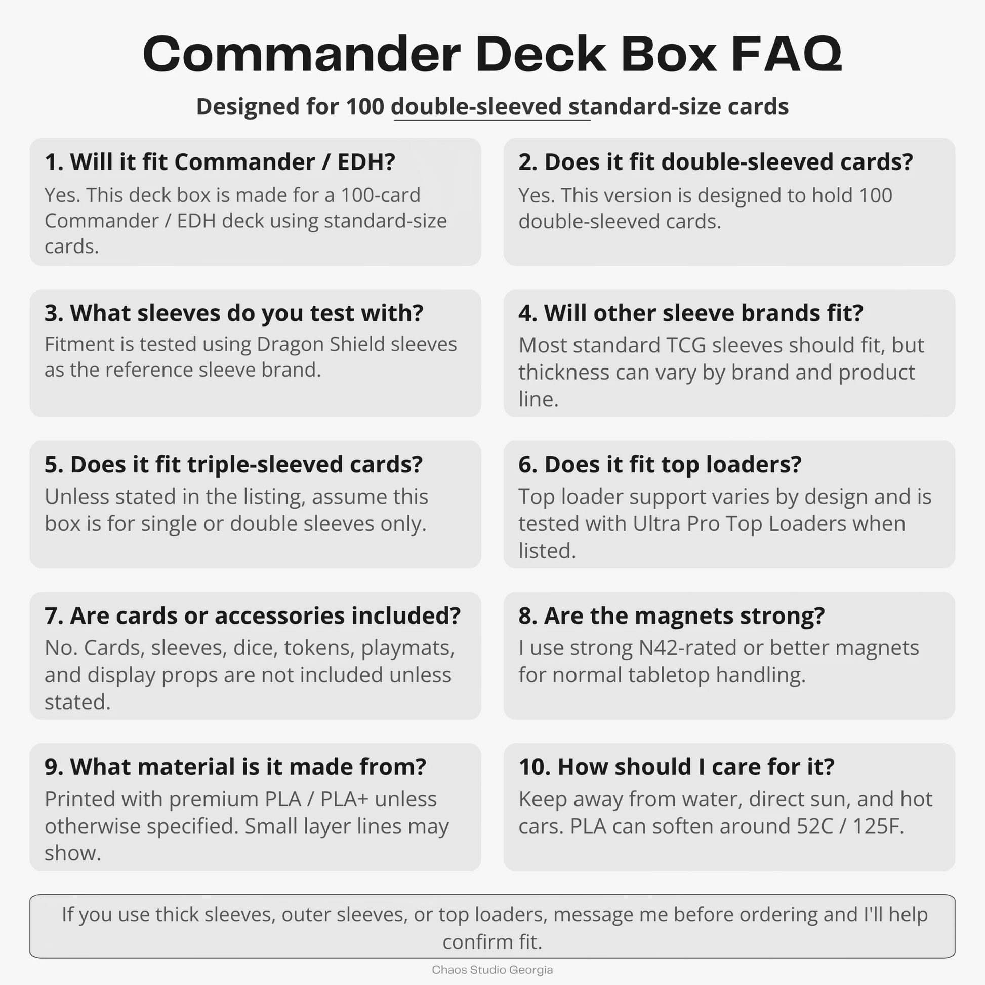 MTG commander deck box frequently asked questions infographic — Chaos Studio Georgia