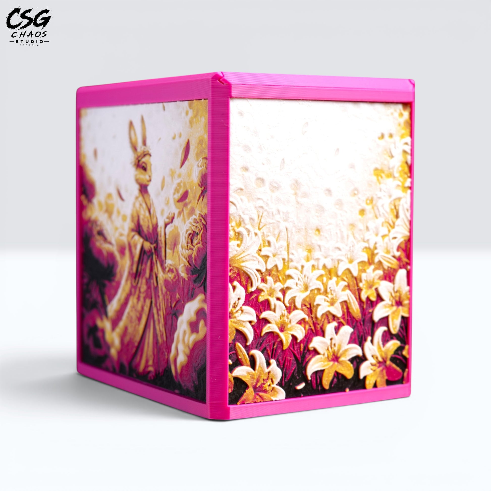 MTG Commander Deck Box PRISM series in pink frame with golden rabbit and floral Hueforge art — Chaos Studio Georgia