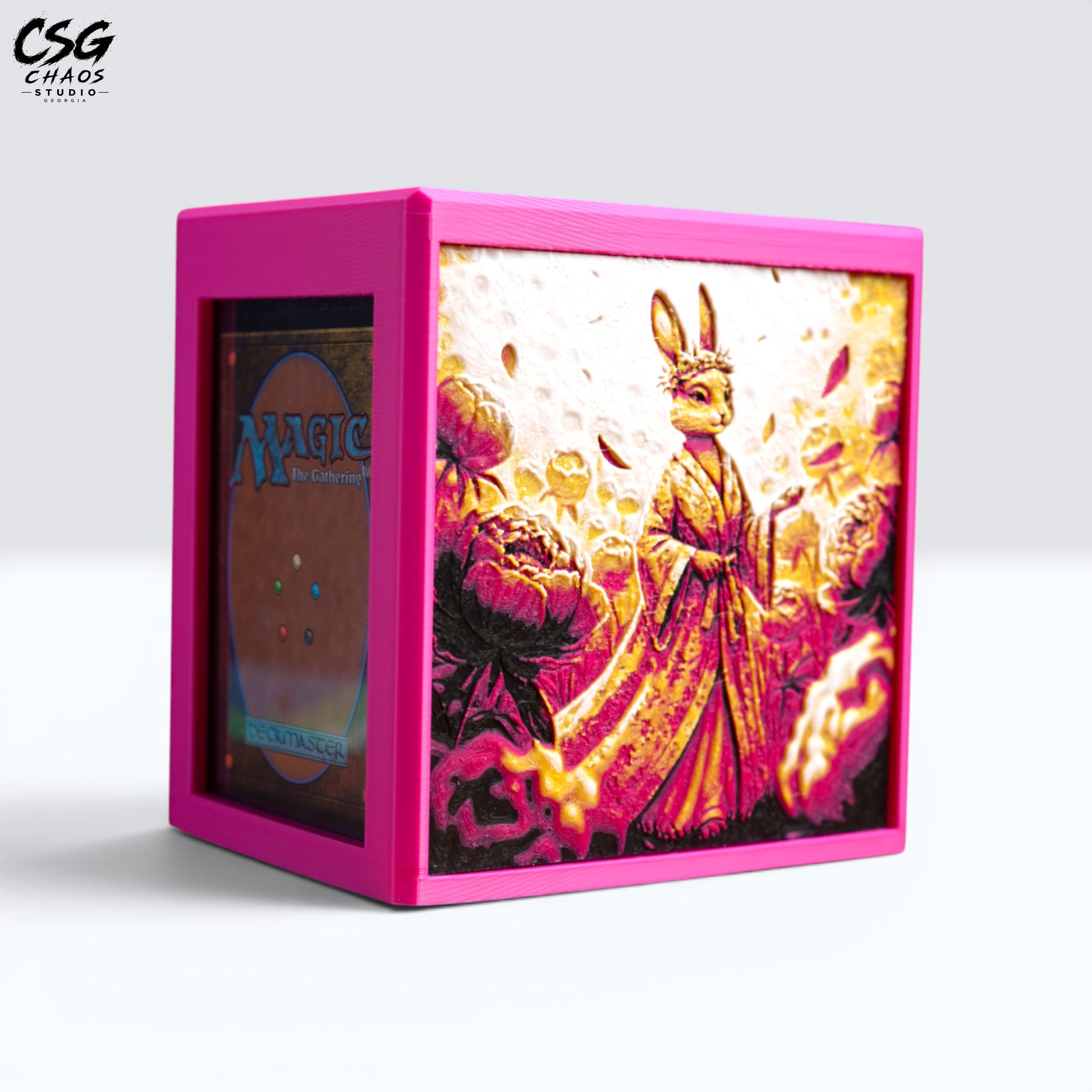 MTG Commander Deck Box front view of rabbit and floral Hueforge panel with card back in display window — Chaos Studio Georgia