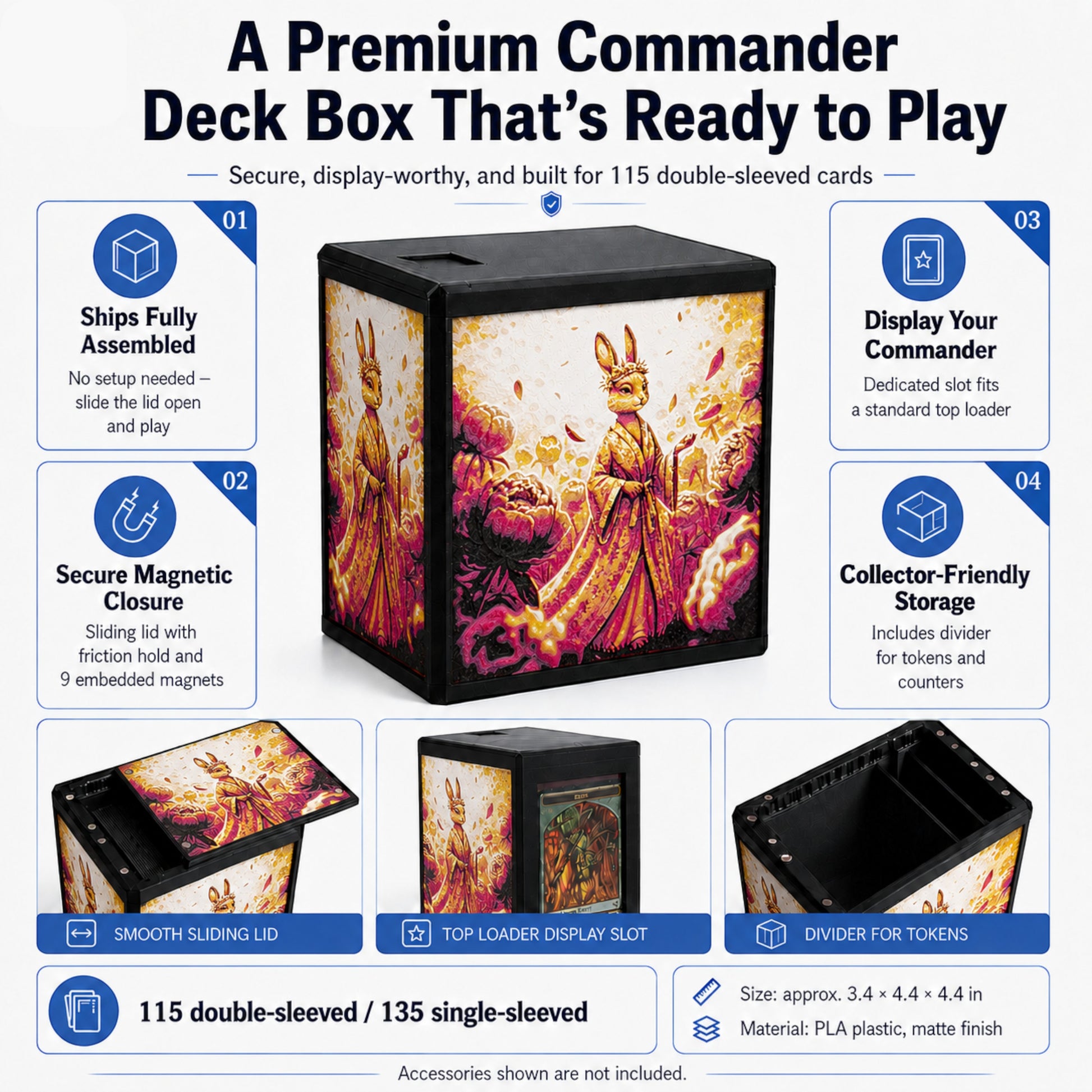 MTG Commander Deck Box infographic highlighting magnetic closure, top loader slot, and token divider — Chaos Studio Georgia