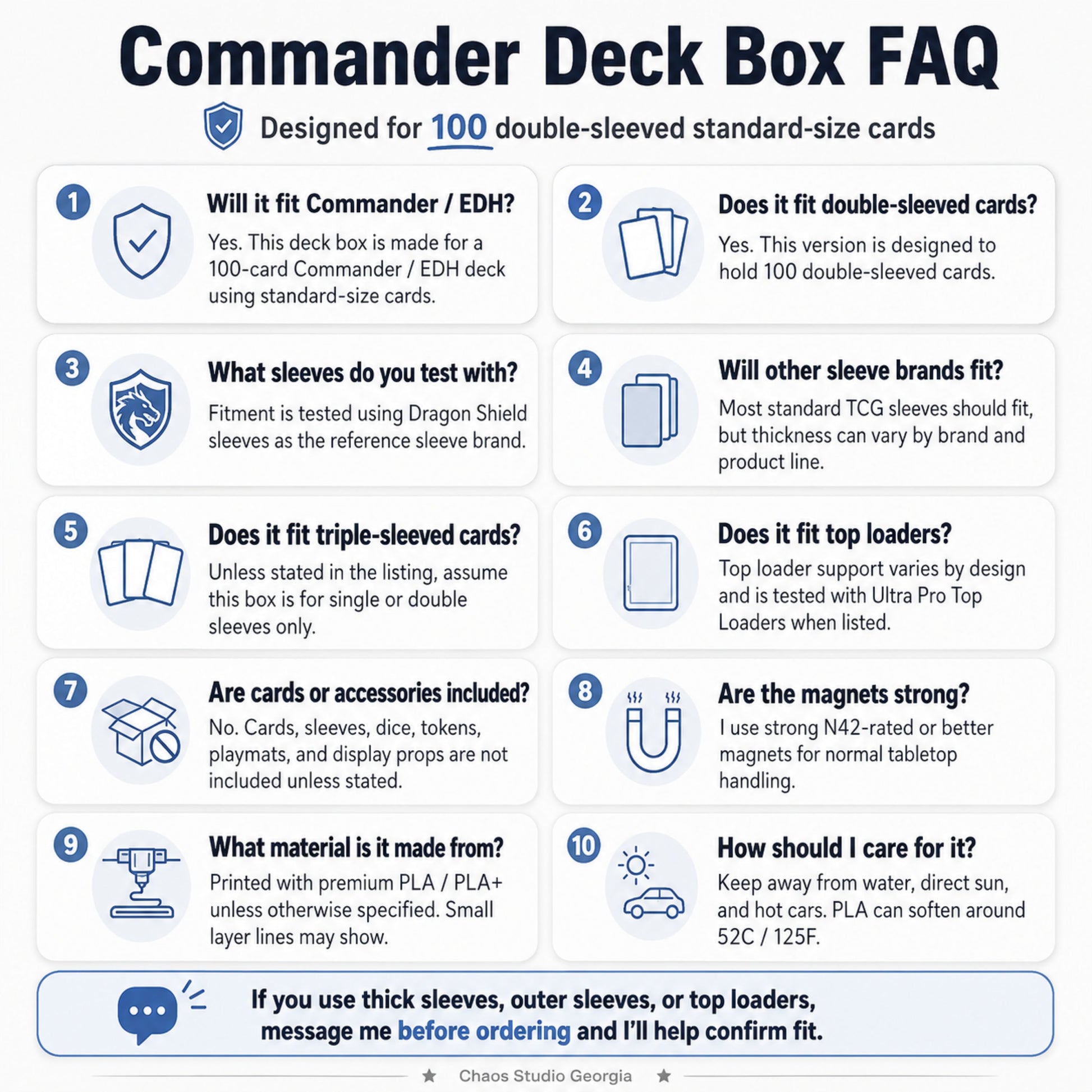 MTG Commander deck box FAQ graphic covering fit, sleeves, magnets and PLA care — Chaos Studio Georgia