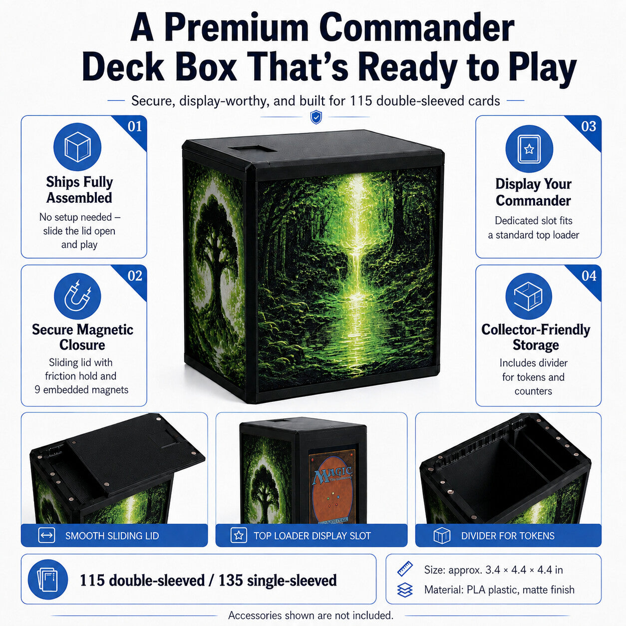 MTG Commander deck box feature graphic — magnetic sliding lid, display window and removable divider — Chaos Studio Georgia