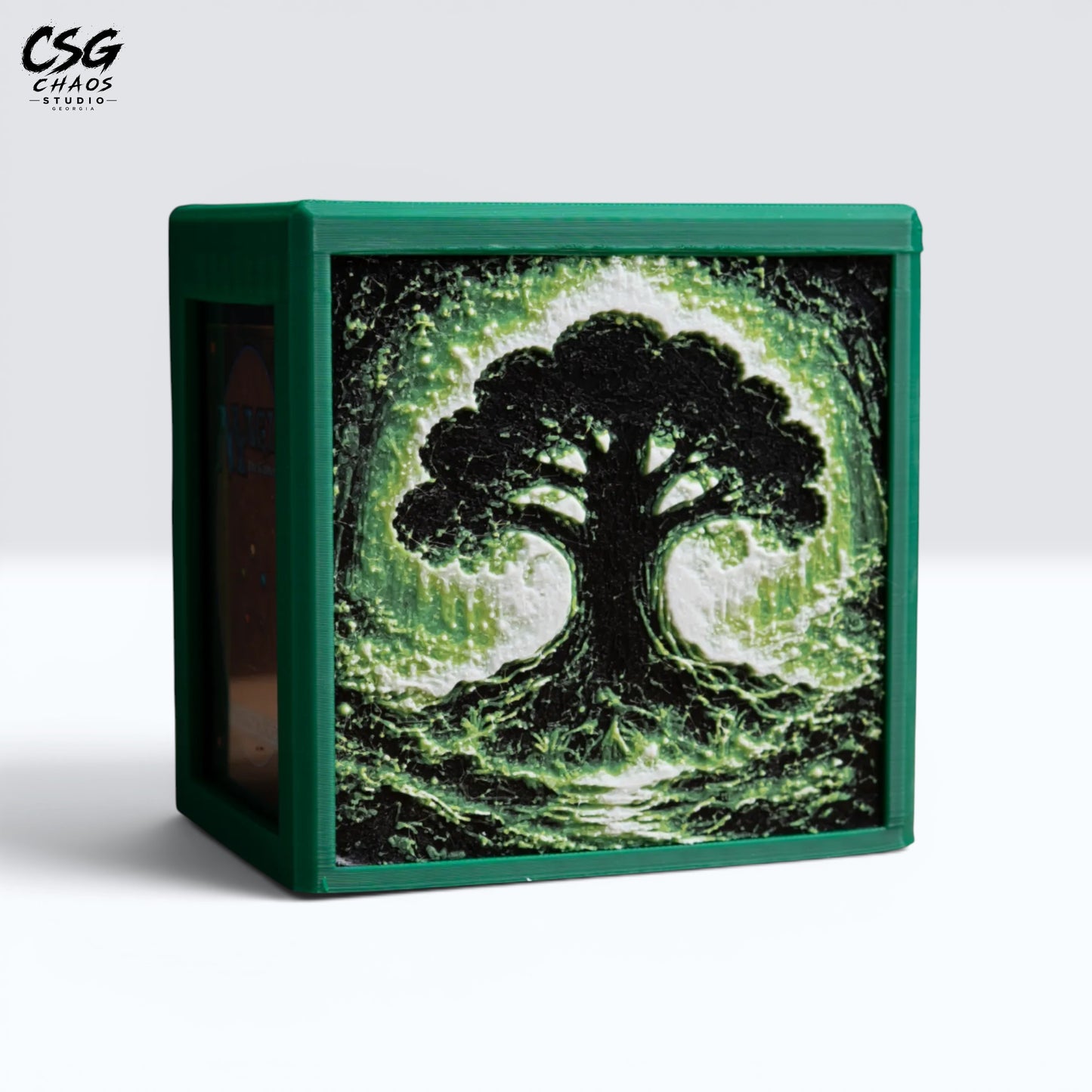 MTG Commander deck box angled to show the lone tree-of-life panel in green, black and white — Chaos Studio Georgia