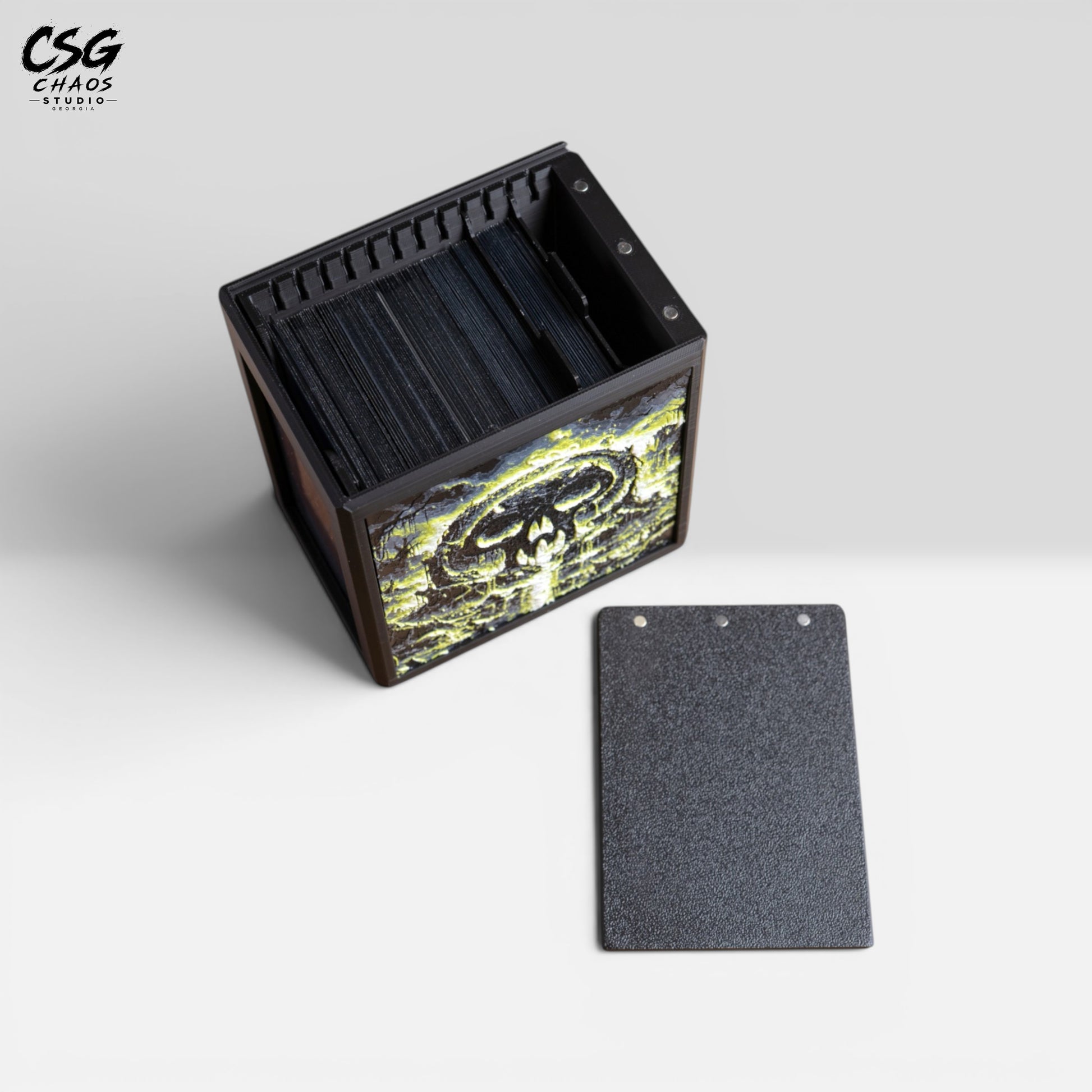 MTG Commander deck box open from the top showing a full double-sleeved card stack inside — Chaos Studio Georgia