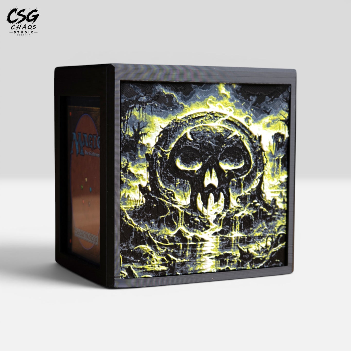 MTG Commander deck box with lid open and a card in the front display window, dark swamp panel — Chaos Studio Georgia