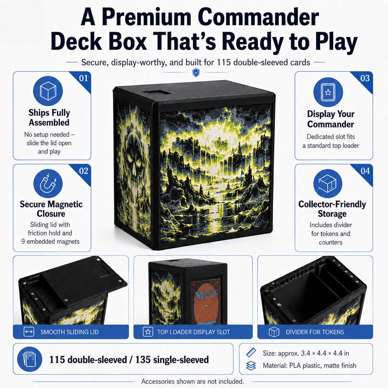 MTG Commander deck box feature graphic — magnetic sliding lid, display window and removable divider — Chaos Studio Georgia