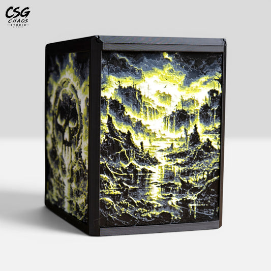 MTG Commander deck box in black with a Hueforge skull sigil over a gothic swamp scene, front view — Chaos Studio Georgia