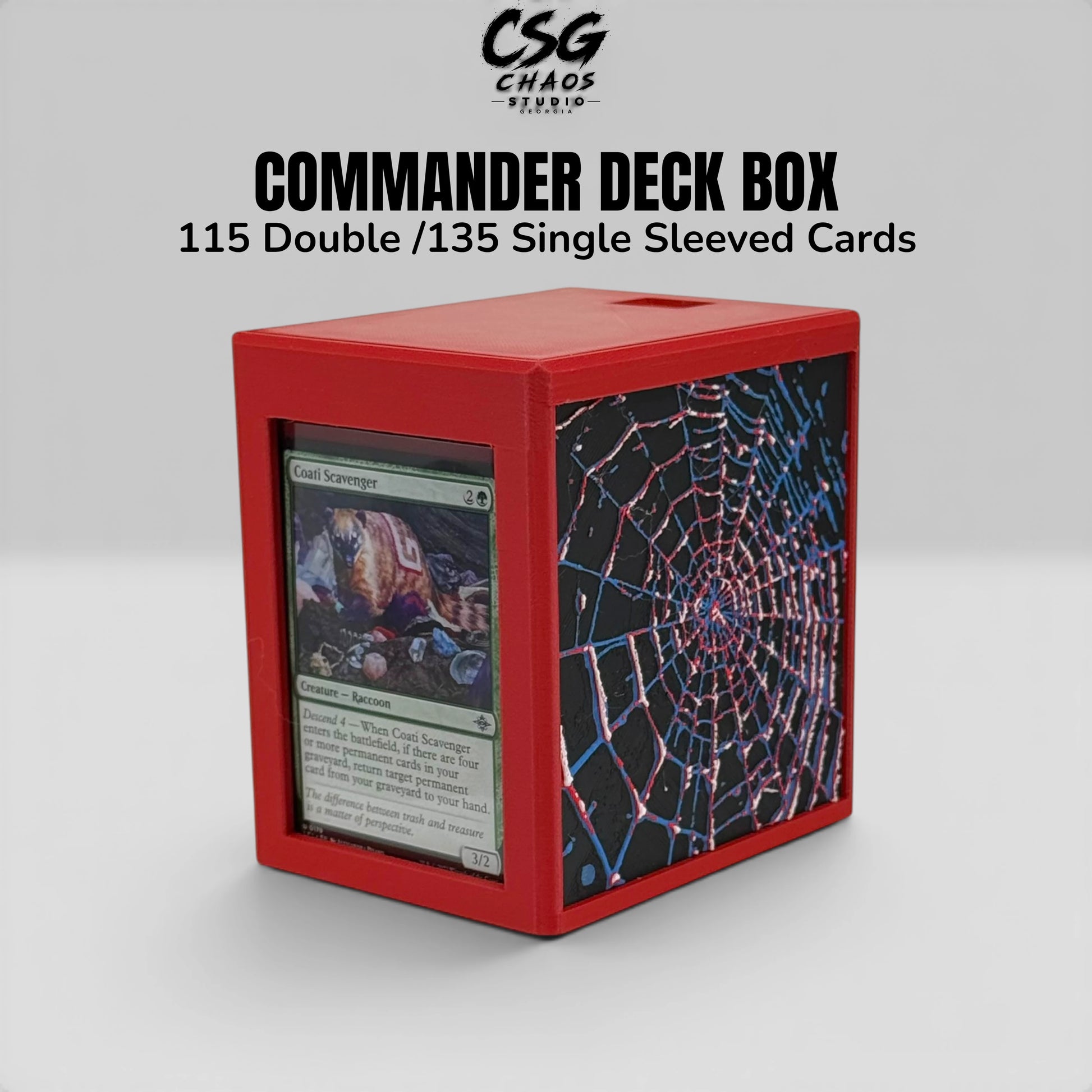 Hueforge spider web panel detail on MTG commander deck box — fine silver web lines on black — Chaos Studio Georgia
