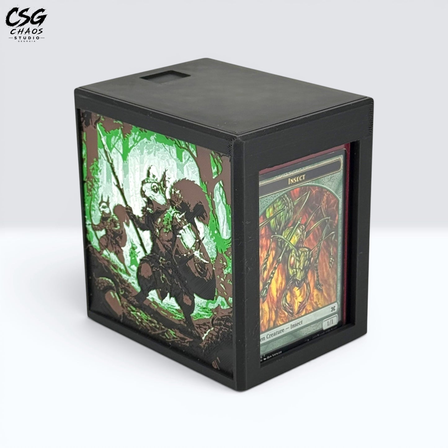 MTG Commander Deck Box commander display window holding an Insect token card, front view — Chaos Studio Georgia