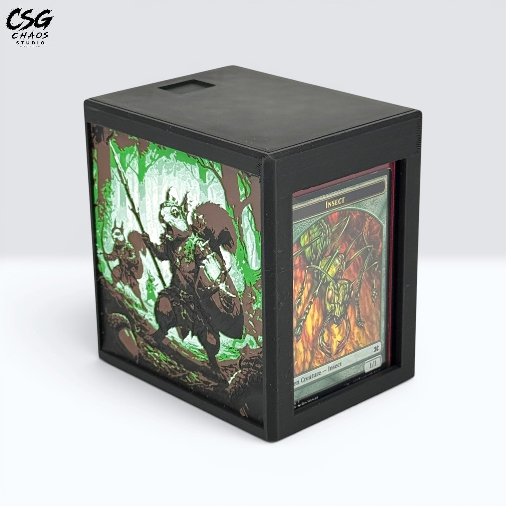 MTG Commander Deck Box commander display window holding an Insect token card, front view — Chaos Studio Georgia
