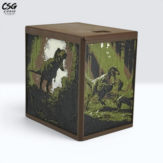 MTG Commander Deck Box PRISM series in brown frame with jungle raptor and rex Hueforge art — Chaos Studio Georgia