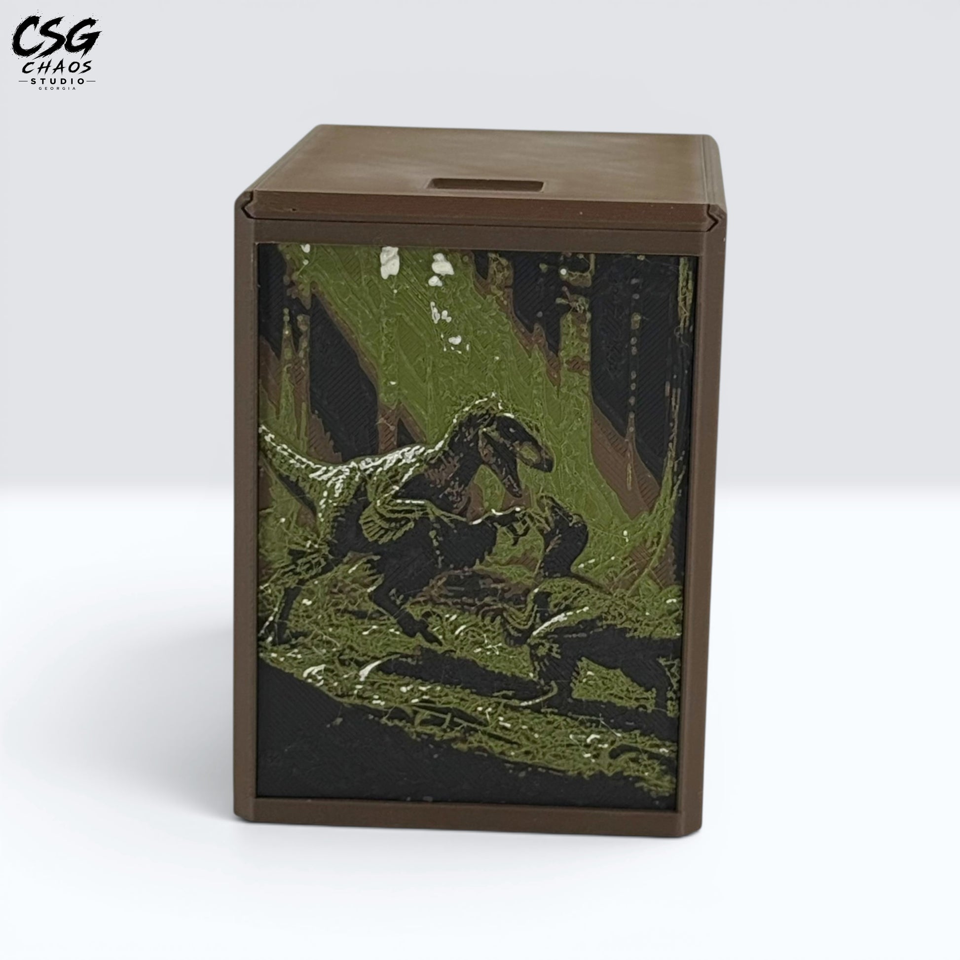 MTG Commander Deck Box front view of raptor pack Hueforge panel in jungle green and brown — Chaos Studio Georgia
