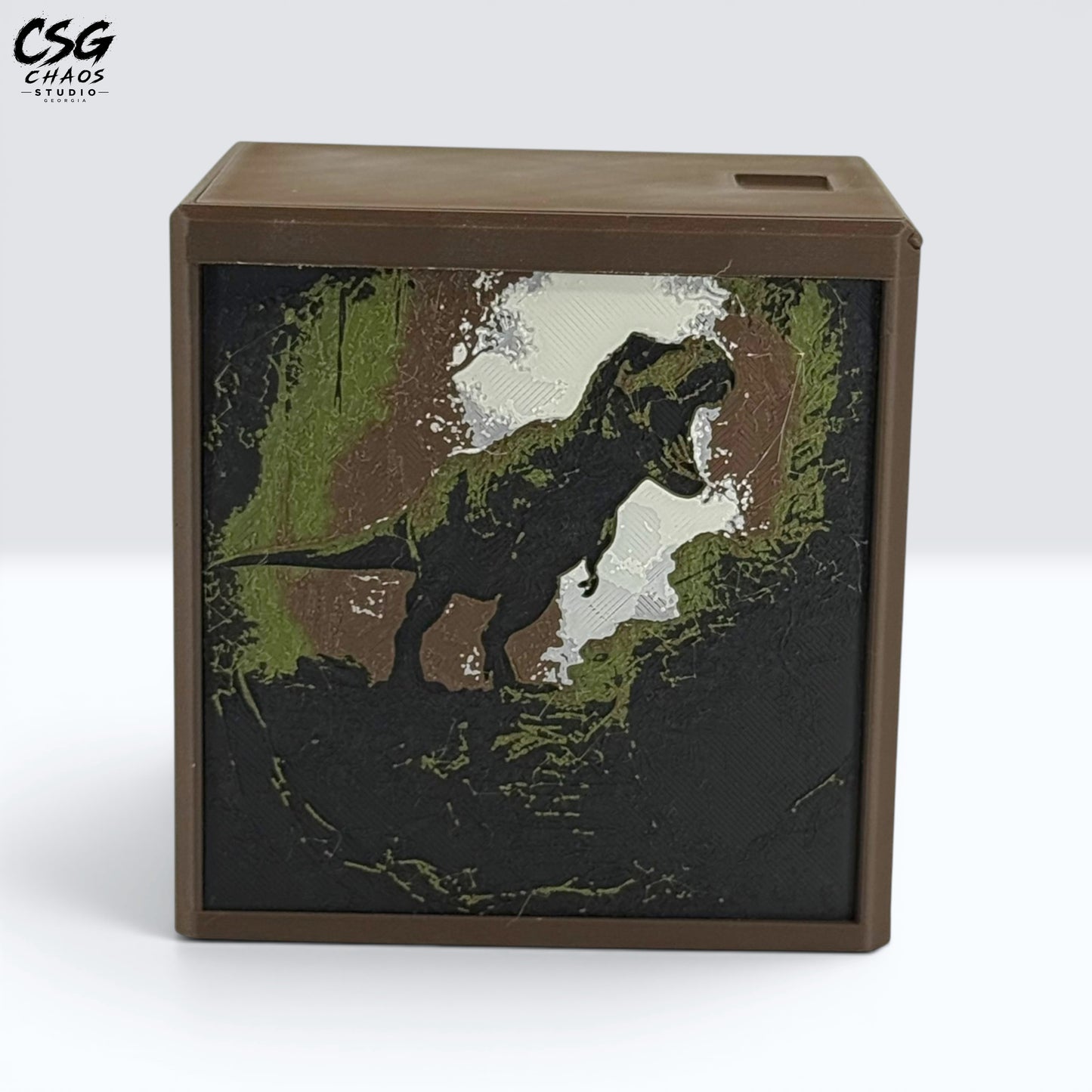 MTG Commander Deck Box front view of rex silhouette Hueforge panel in jungle green and brown — Chaos Studio Georgia