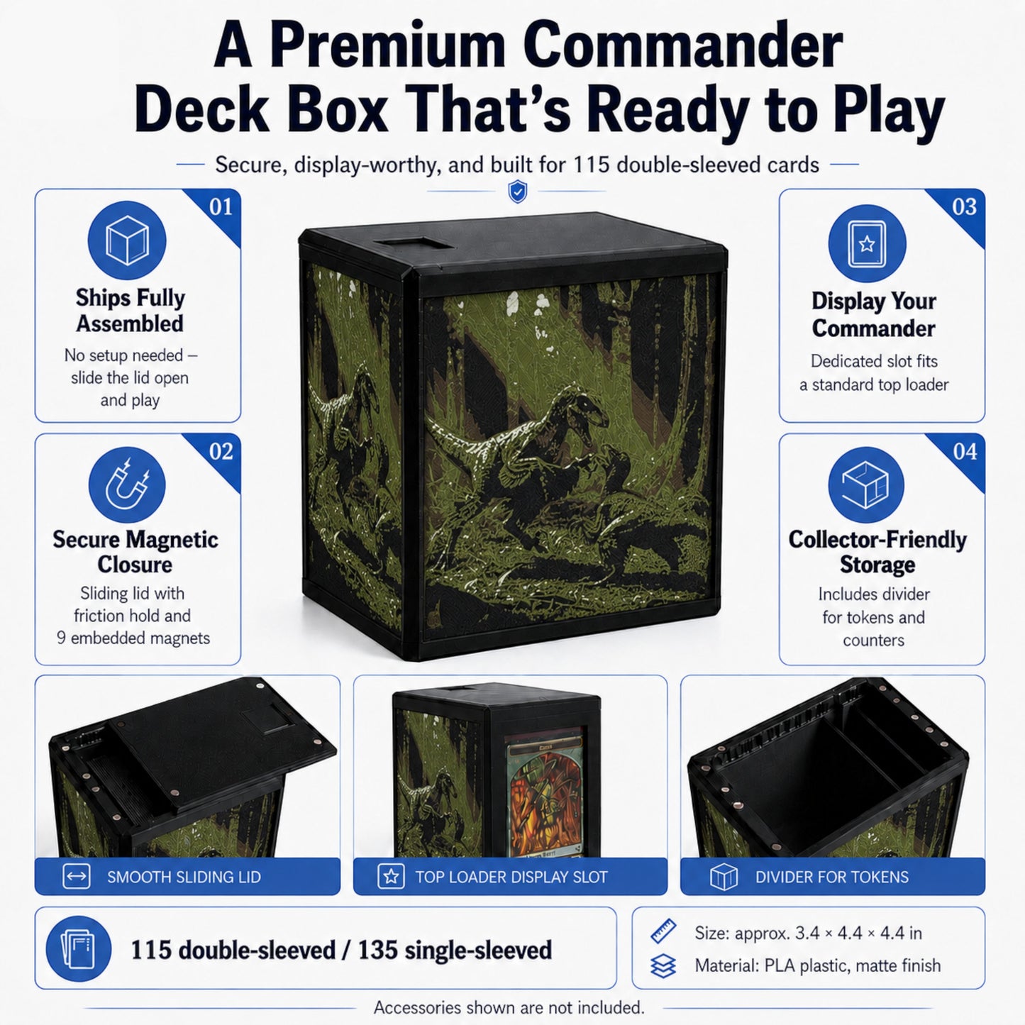MTG Commander Deck Box infographic highlighting magnetic closure, top loader slot, and token divider — Chaos Studio Georgia