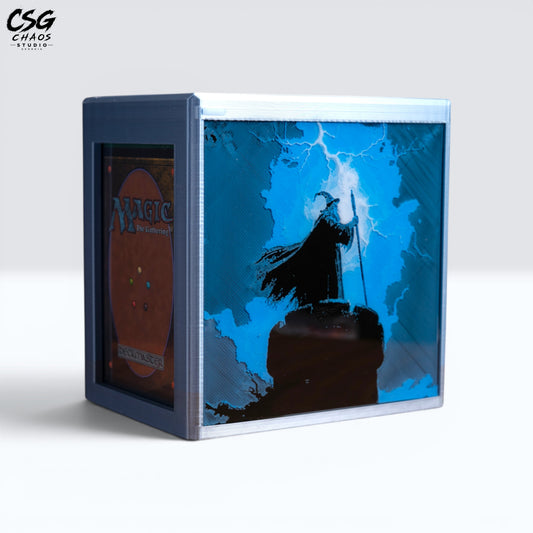 MTG Commander Deck Box PRISM Series, corner angle with silhouetted wizard and lightning panel art — Chaos Studio Georgia