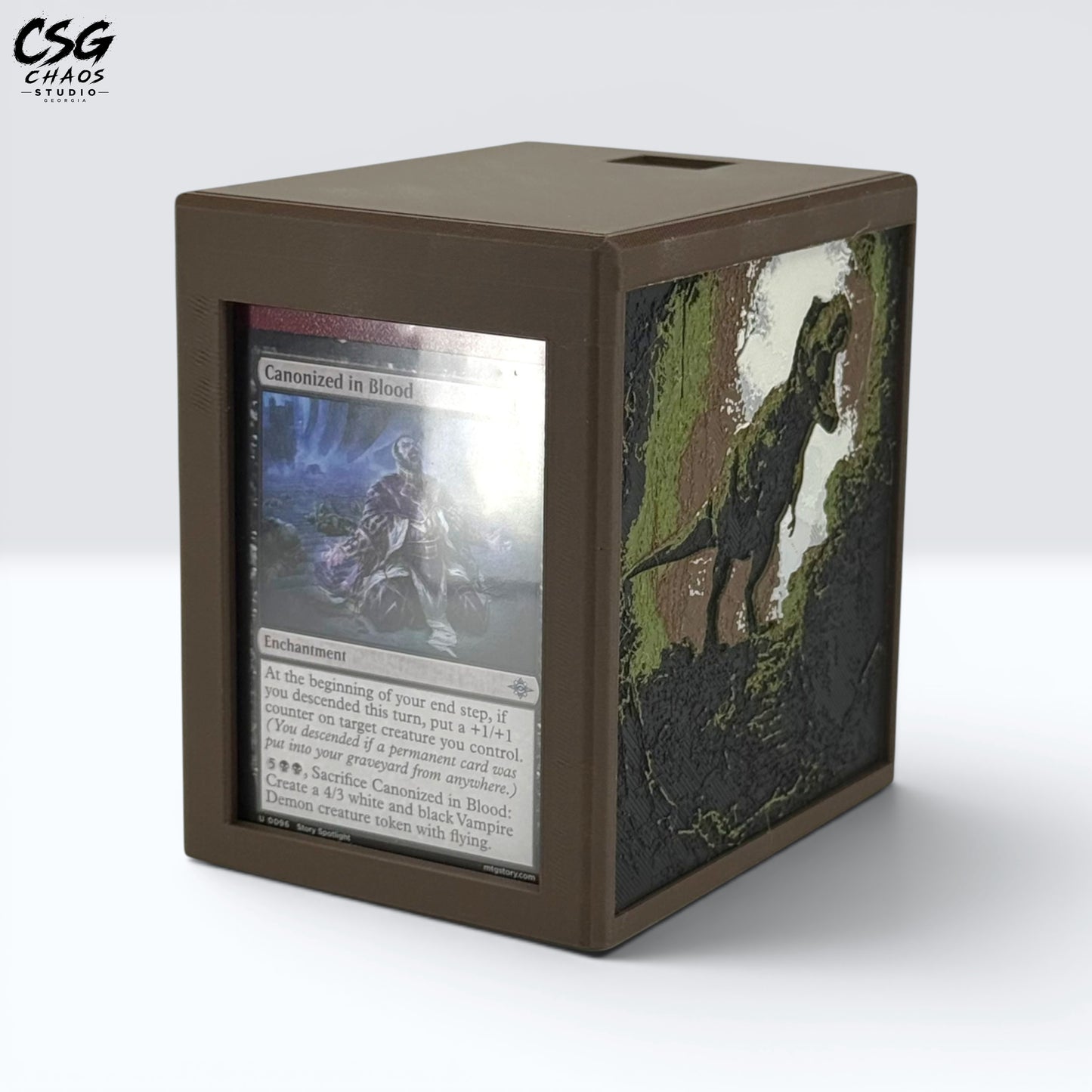 MTG Commander Deck Box commander display window holding a Canonized in Blood card — Chaos Studio Georgia